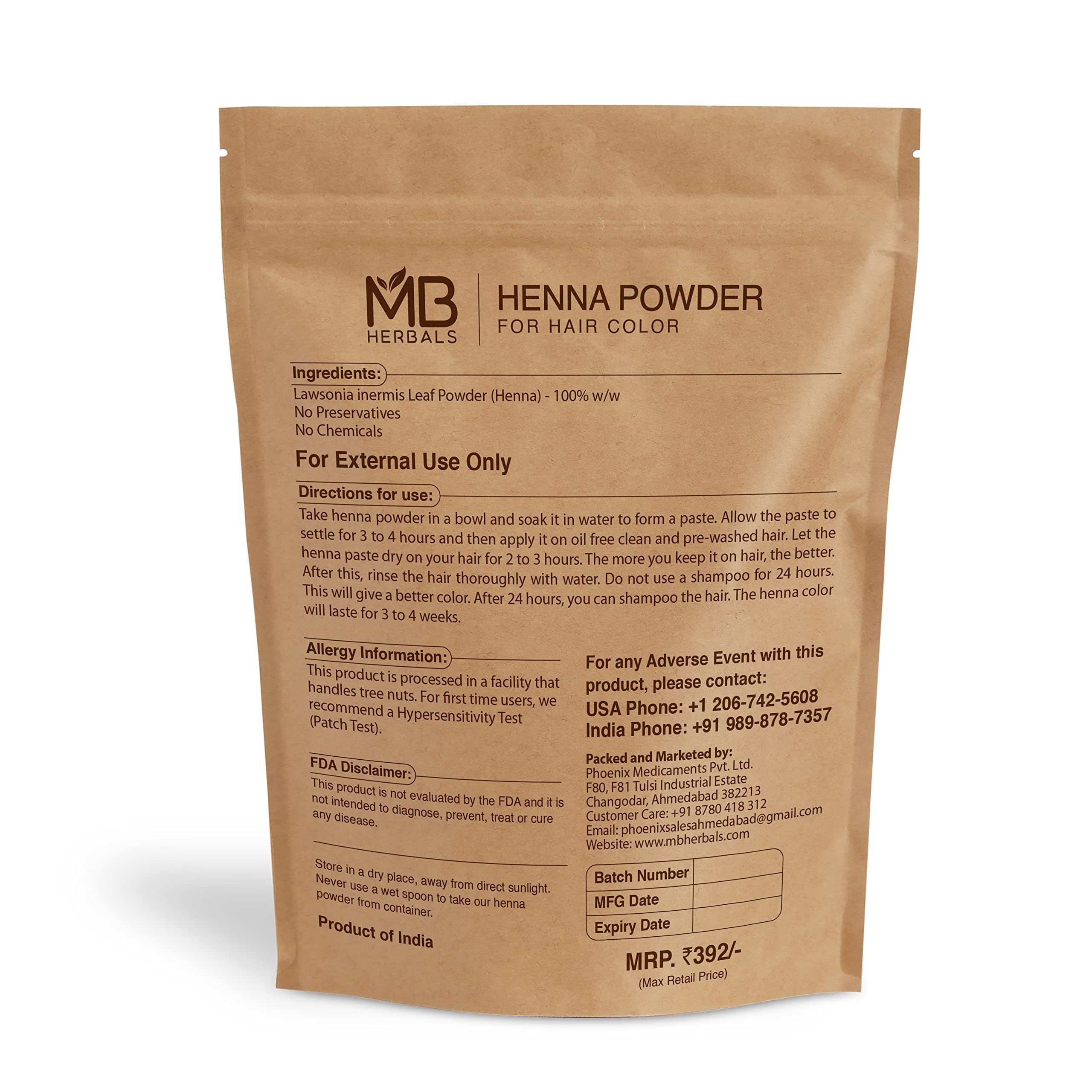 MB Herbals henna powder delivers a vibrant orange-red color on hair.