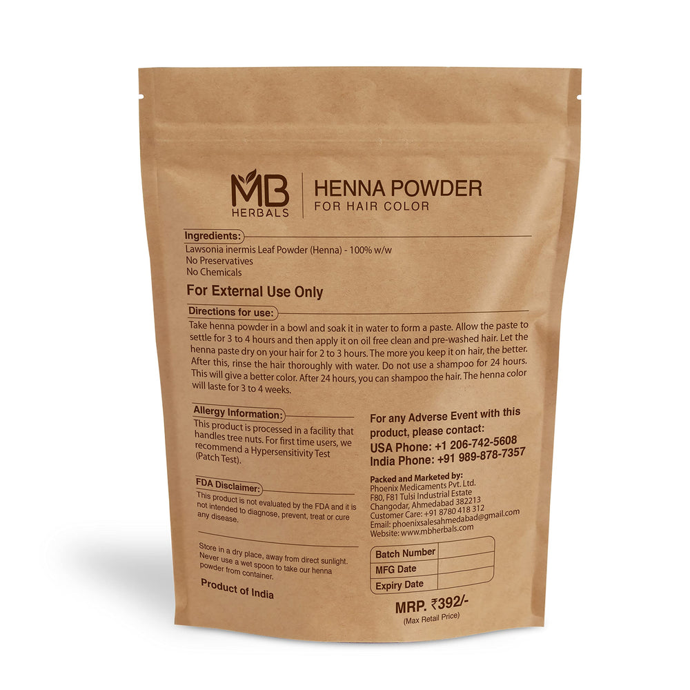 MB Herbals henna powder delivers a vibrant orange-red color on hair.