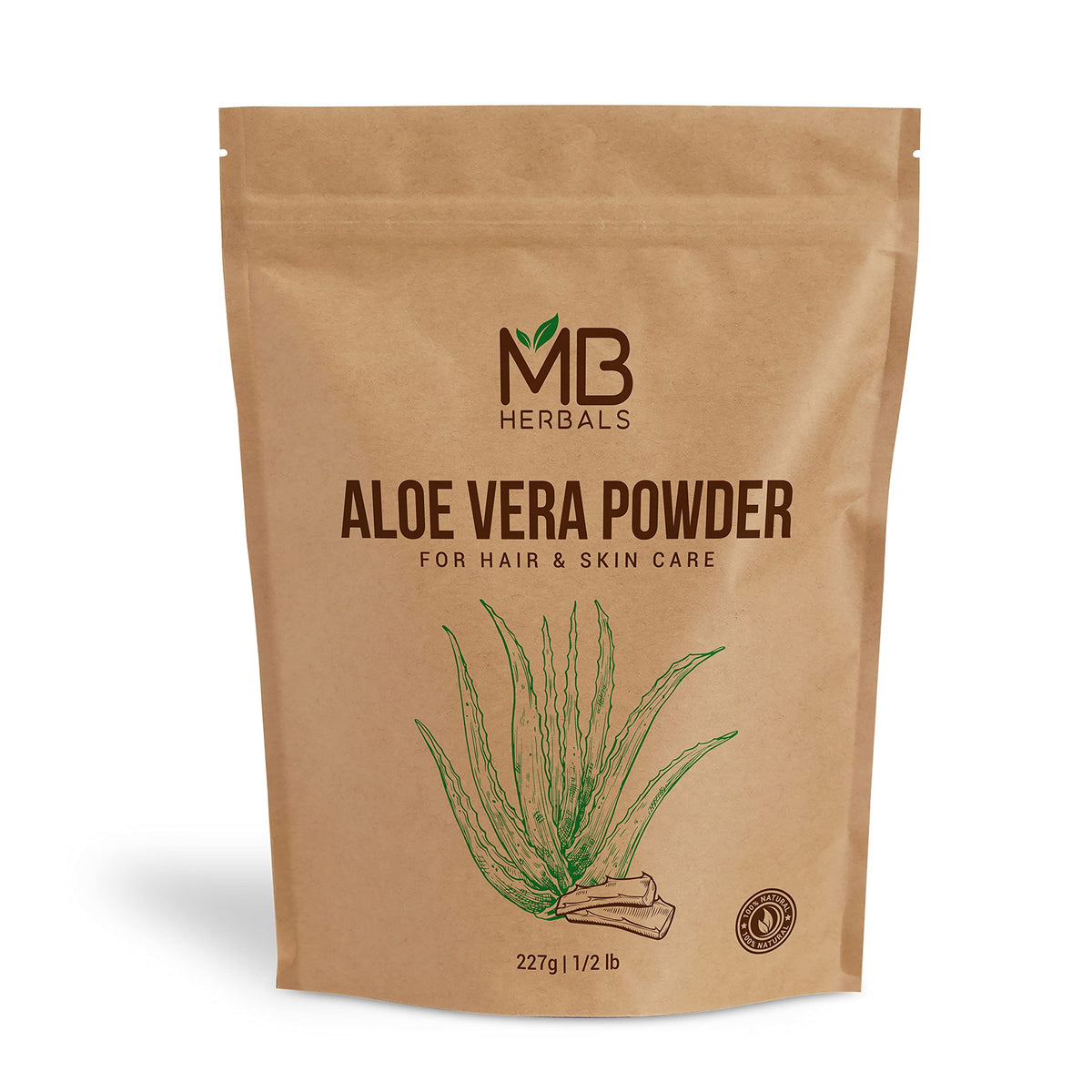 MB Herbals polvo aloe vera en frasco, textura suave para humectación de piel.