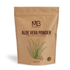 MB Herbals polvo aloe vera en frasco, textura suave para humectación de piel.