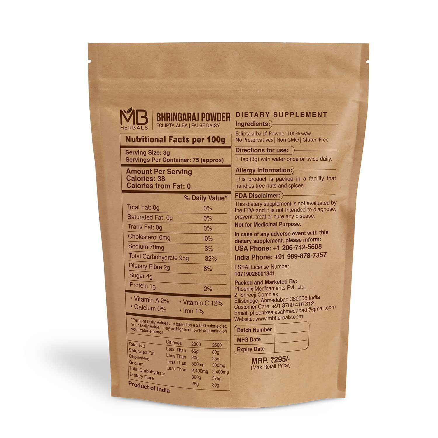 MB Herbals Polvo de Bhringaraj, envase: uso diario para cabello sano