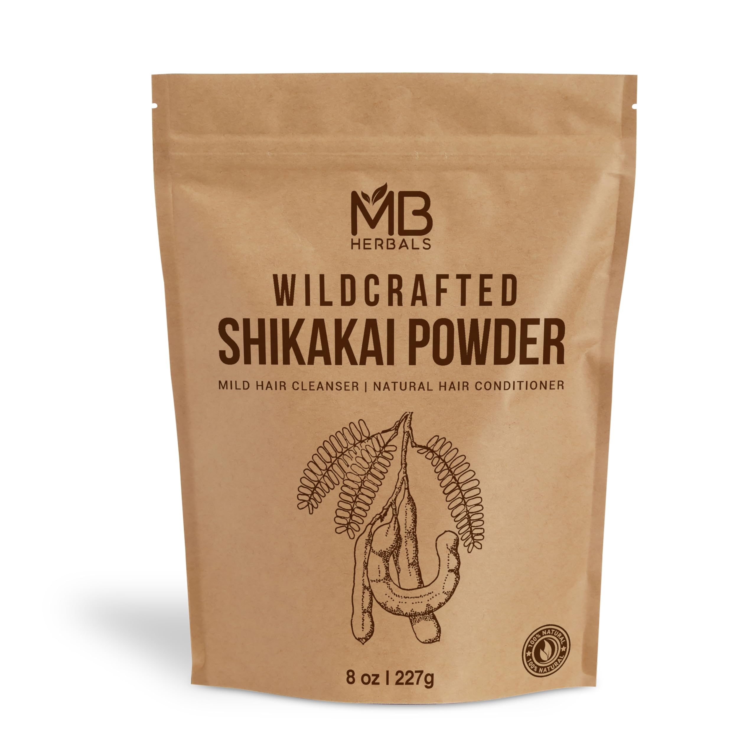 MB Herbals Shikakai powder jar close-up for gentle scalp cleansing.