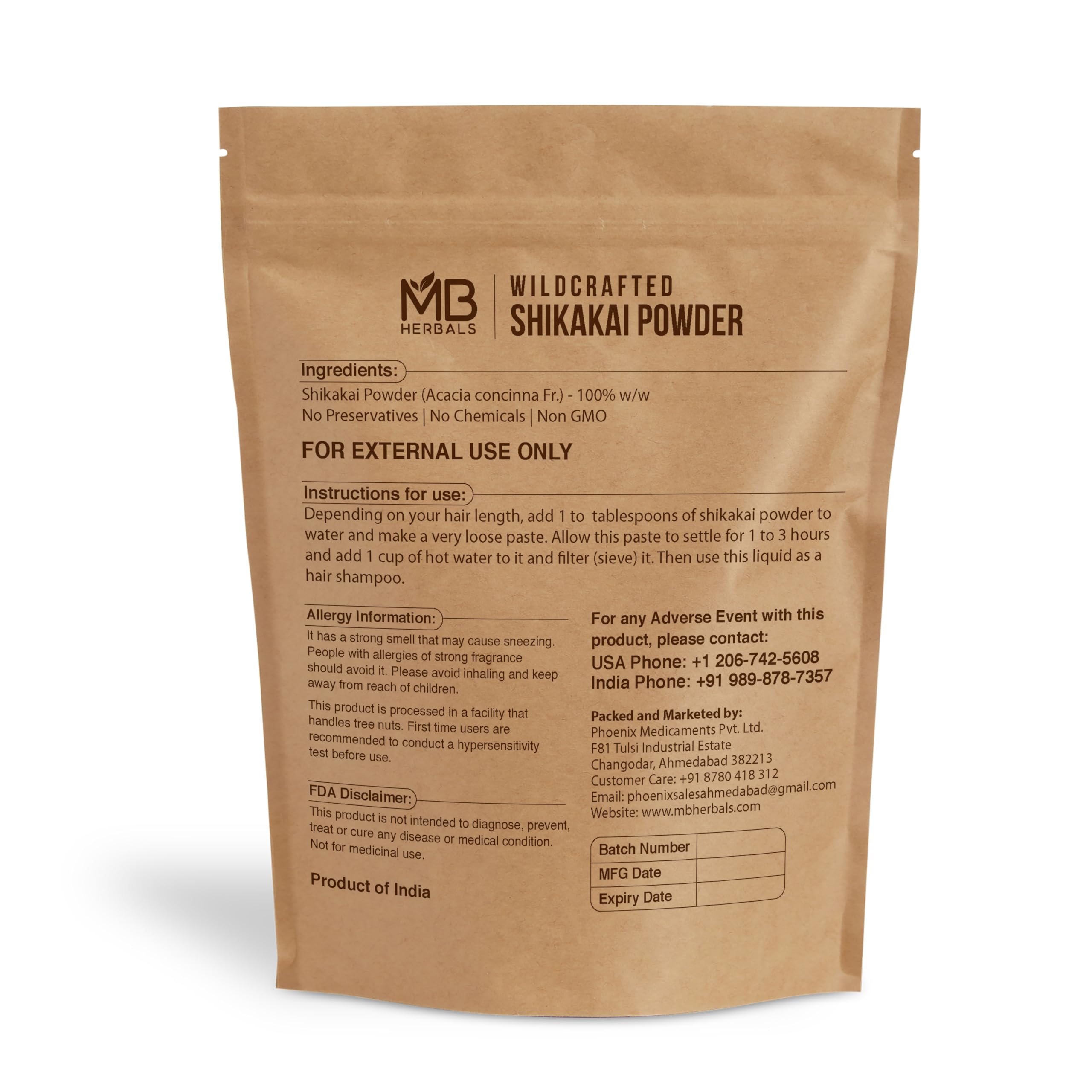 MB Herbals Shikakai powder packaging showing wildcrafted, pure formula.