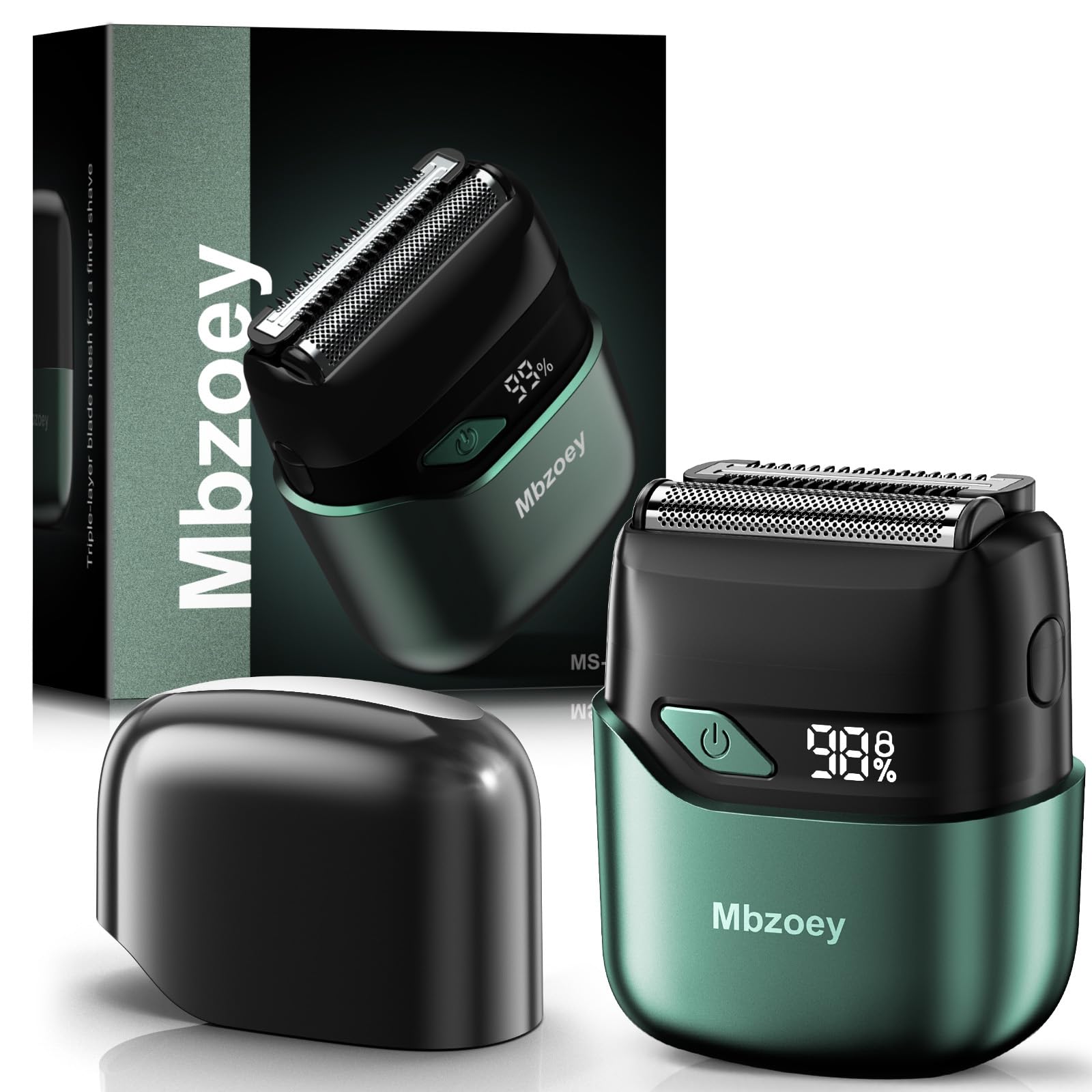 Mbzoey Emerald Green electric foil shaver front view highlighting compact, portable grooming.