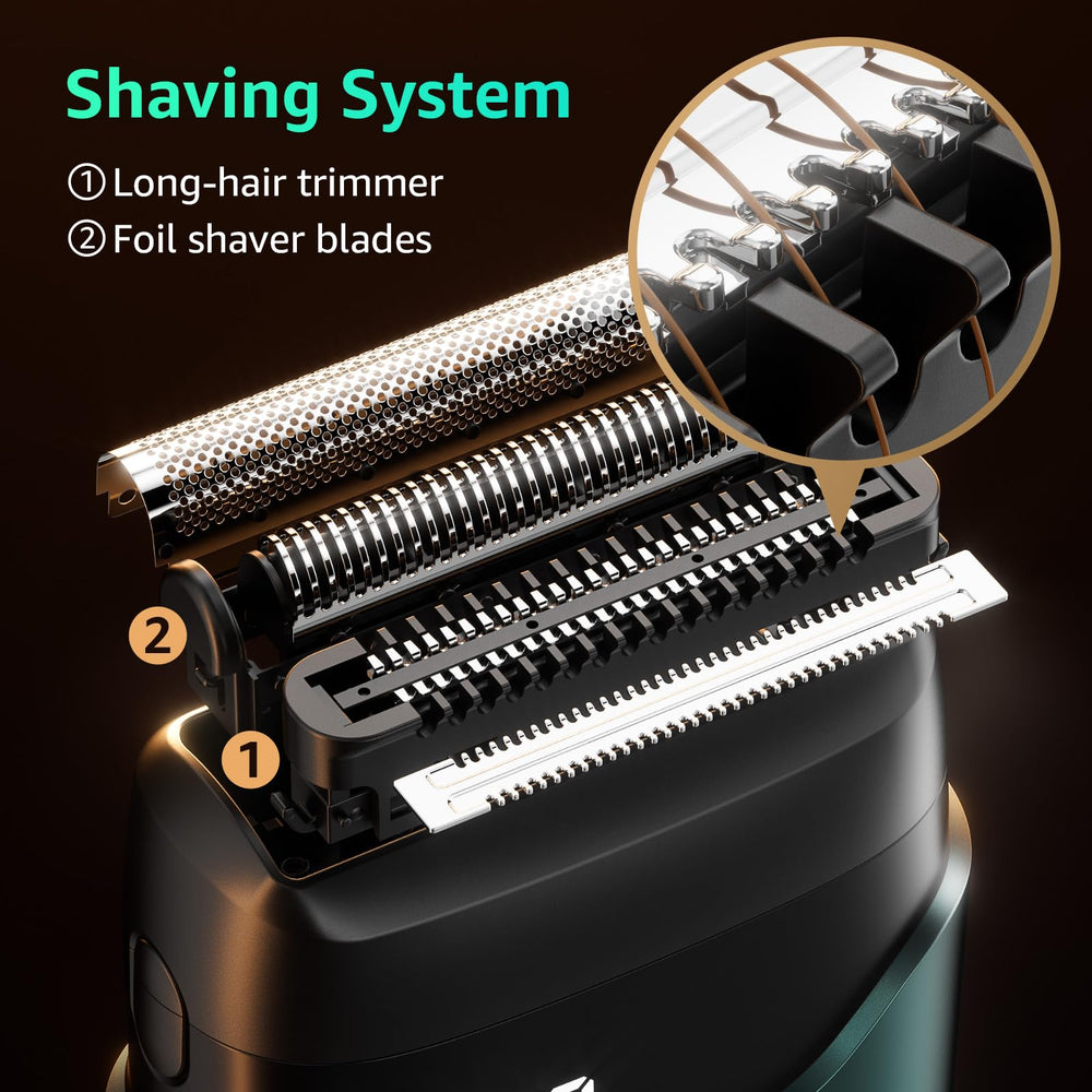 Mbzoey Emerald Green foil head close-up emphasizes precise blades for smooth shave.