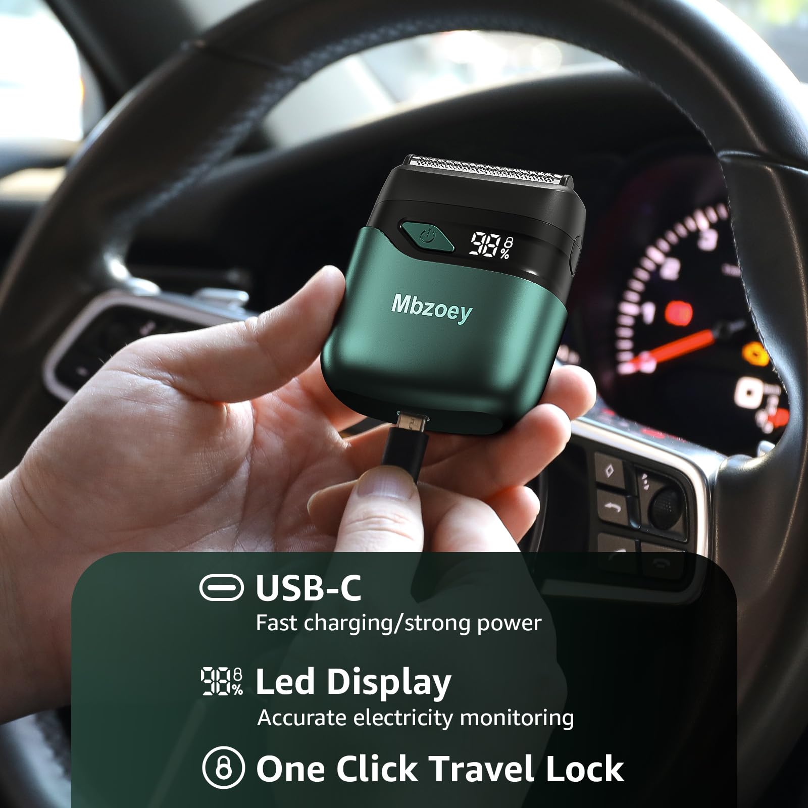 Mbzoey Emerald Green LED display indicates battery level and quick alerts.