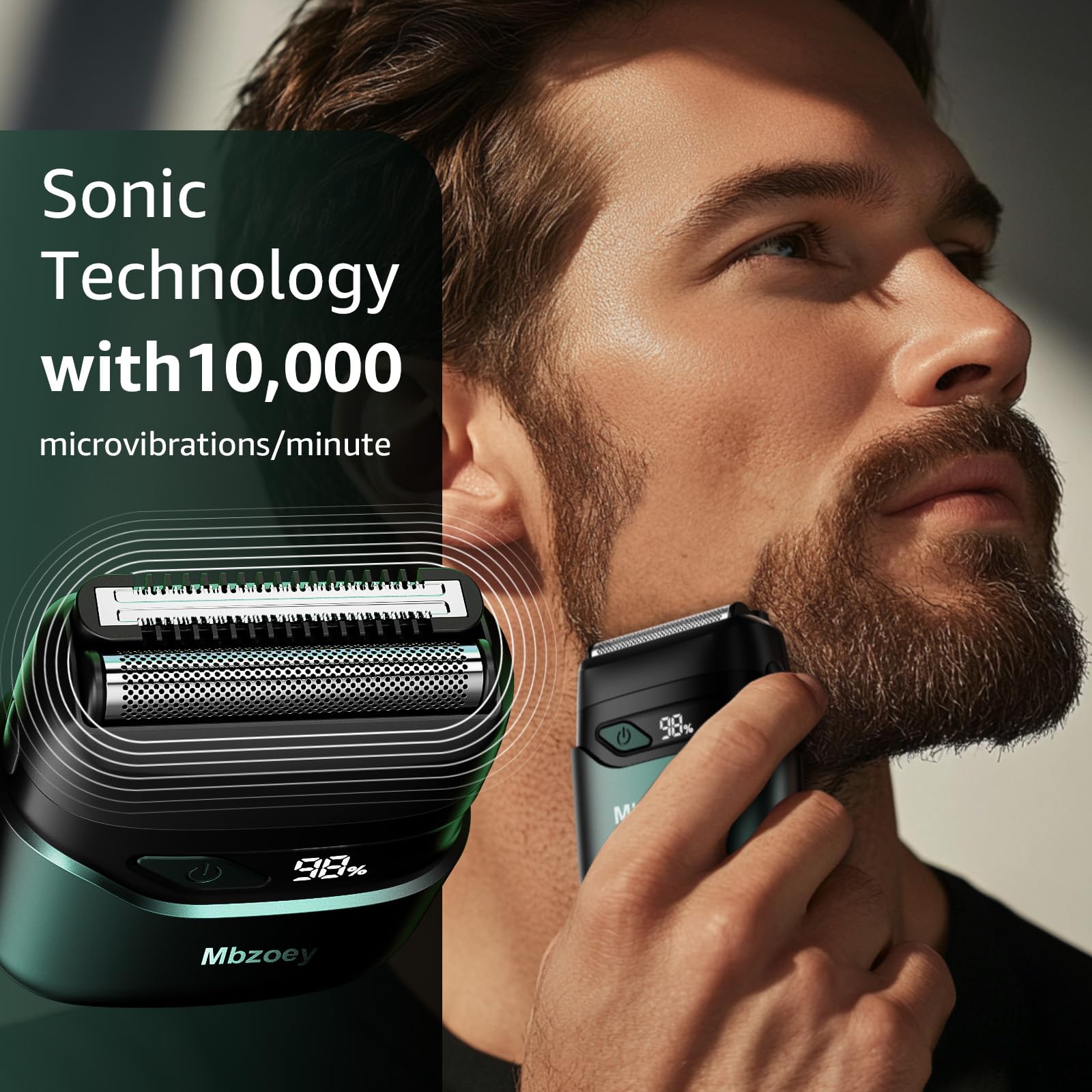 Mbzoey Emerald Green travel-friendly shaver with magnetic cap and lock feature.