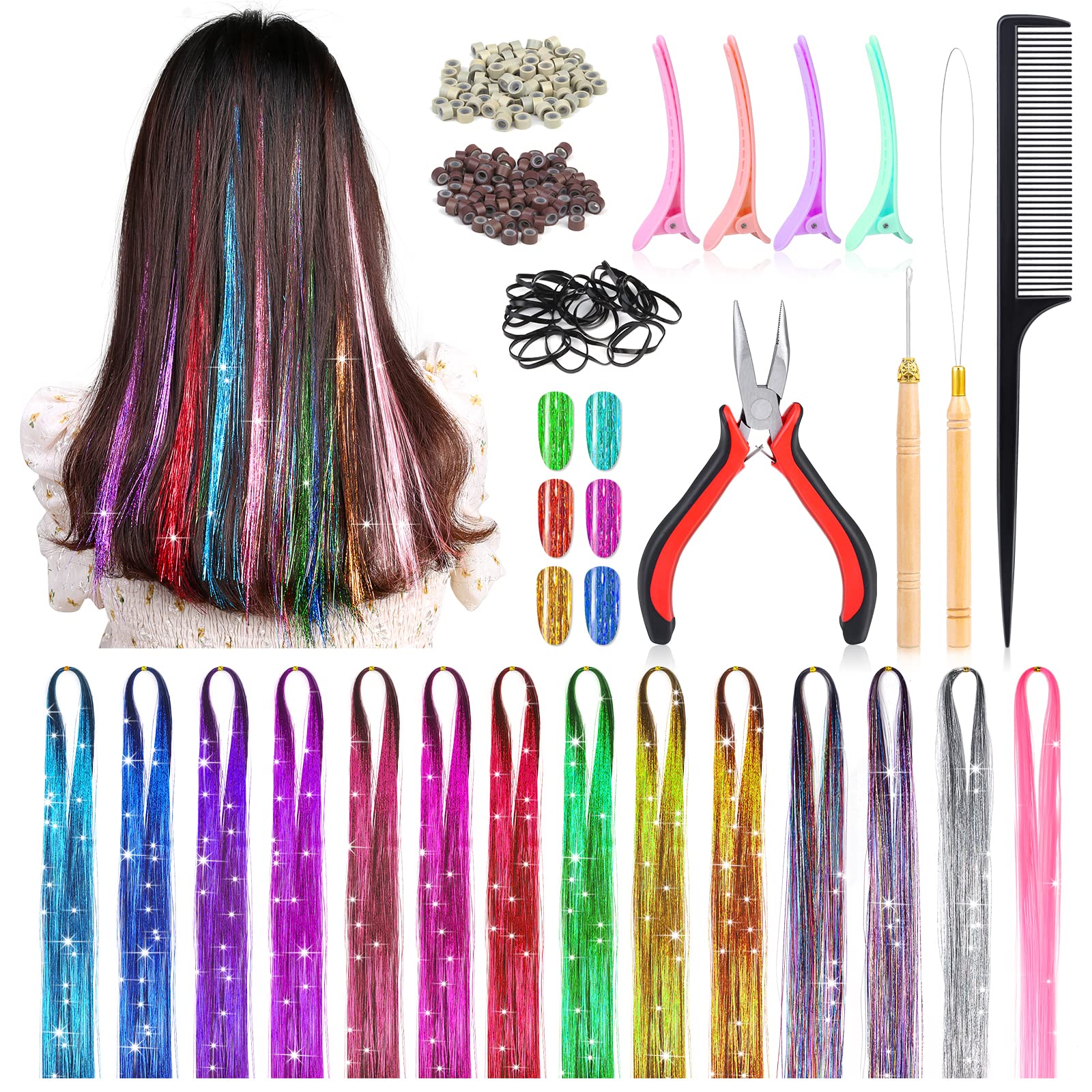Mckanti 14-color heat-resistant hair tinsel for versatile daily or party styling.