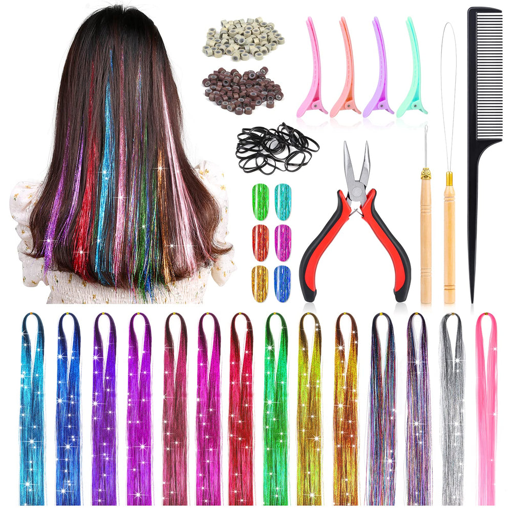Mckanti 14-color heat-resistant hair tinsel for versatile daily or party styling.