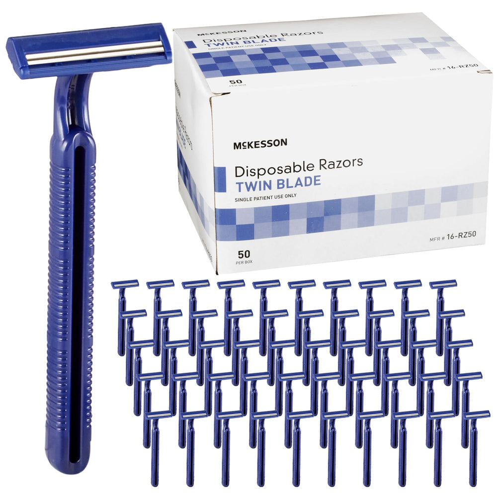 McKesson disposable razor twin blade blue 50-count for efficient bulk use.