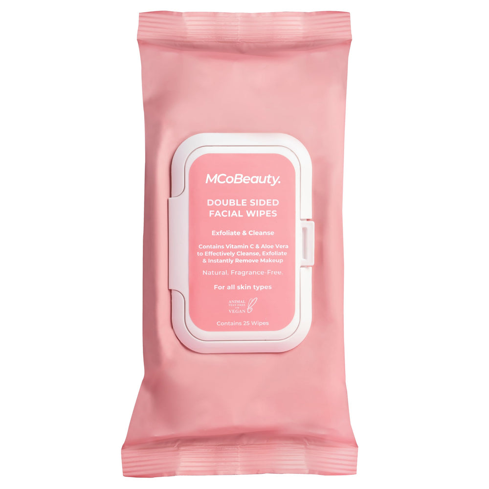 MCoBeauty double-sided facial wipes pack ready for quick cleansing and exfoliation.