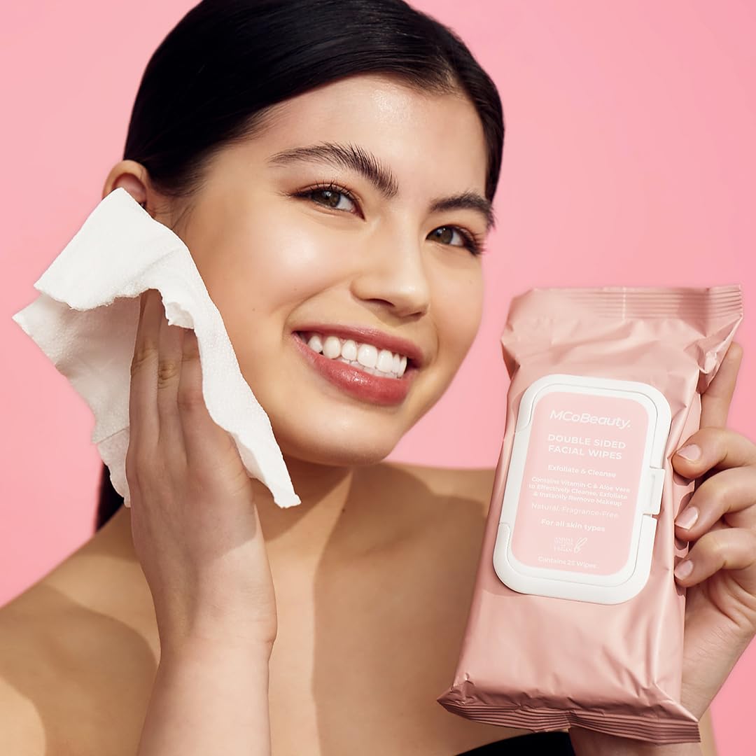 MCoBeauty wipe texture close-up highlighting exfoliating surface and vitamin-enriched formula.