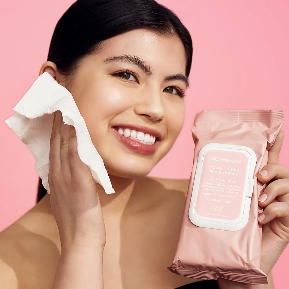 MCoBeauty wipe texture close-up highlighting exfoliating surface and vitamin-enriched formula.