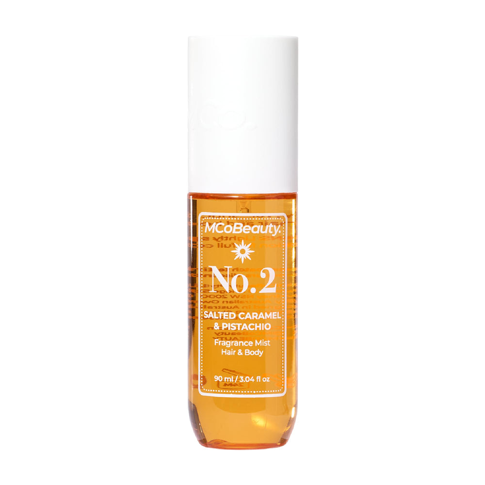 MCoBeauty Fragrance Mist No.2 bottle front showcases pistachio vanilla notes for daily wear.