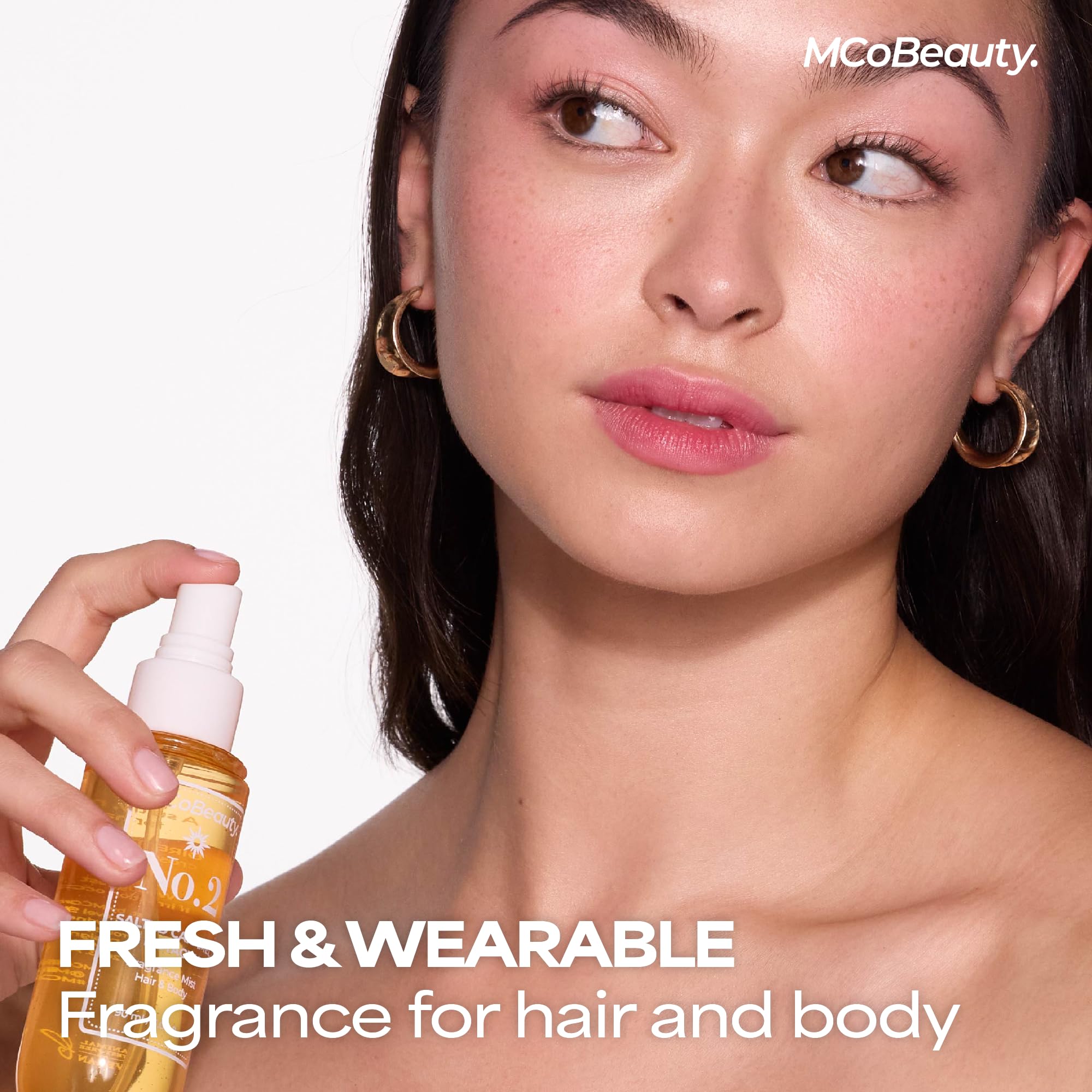 MCoBeauty Fragrance Mist No.2 bottle side highlights easy spray for quick refresh.