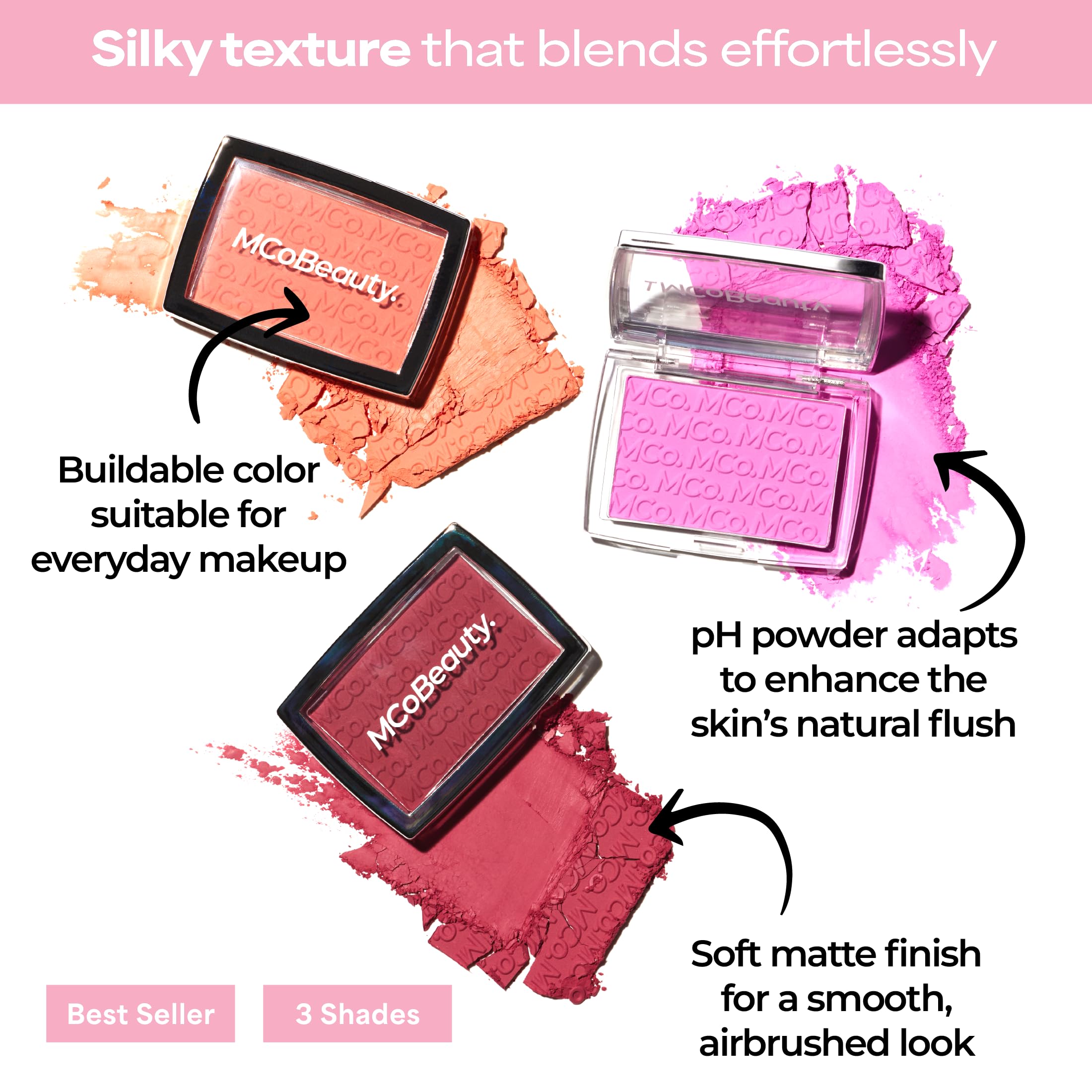 MCoBeauty Glow Up pH Powder Blush Vivi Pink textura sedosa para un acabado uniforme.