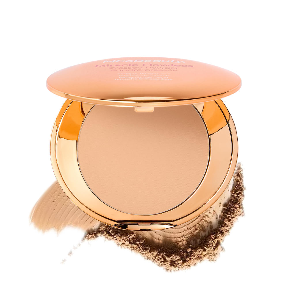 MCoBeauty Milagro Impecable Polvo prensado con espejo para retoques rápidos.