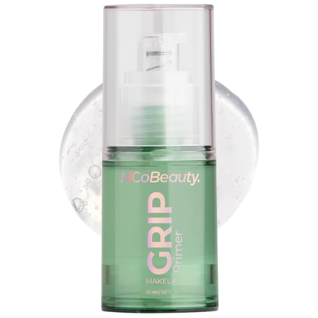 MCoBeauty Grip Primer, textura gel transparente, base suave para maquillaje duradero.