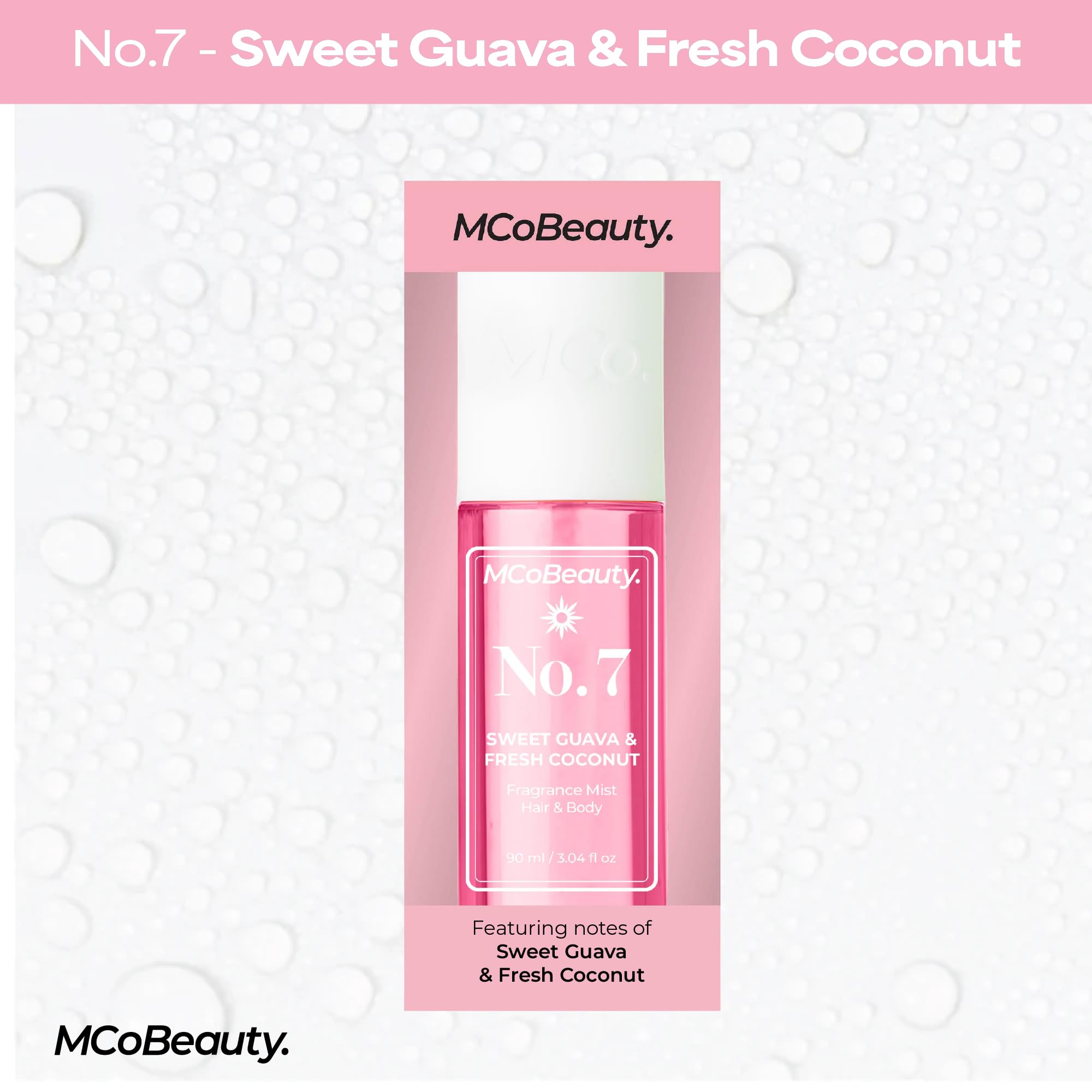 MCoBeauty Fragrance Mist No. 7 ingredients featuring guava and coconut details.