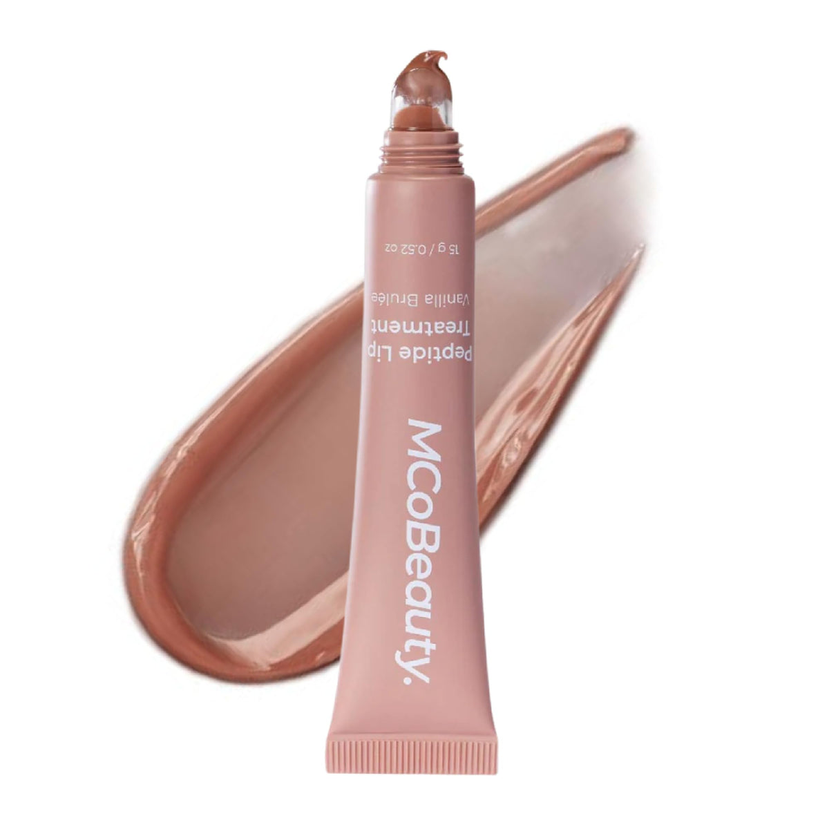 MCoBeauty Peptide Lip Treatment Vanilla Brulee gloss bottle close-up highlighting shine and hydration.