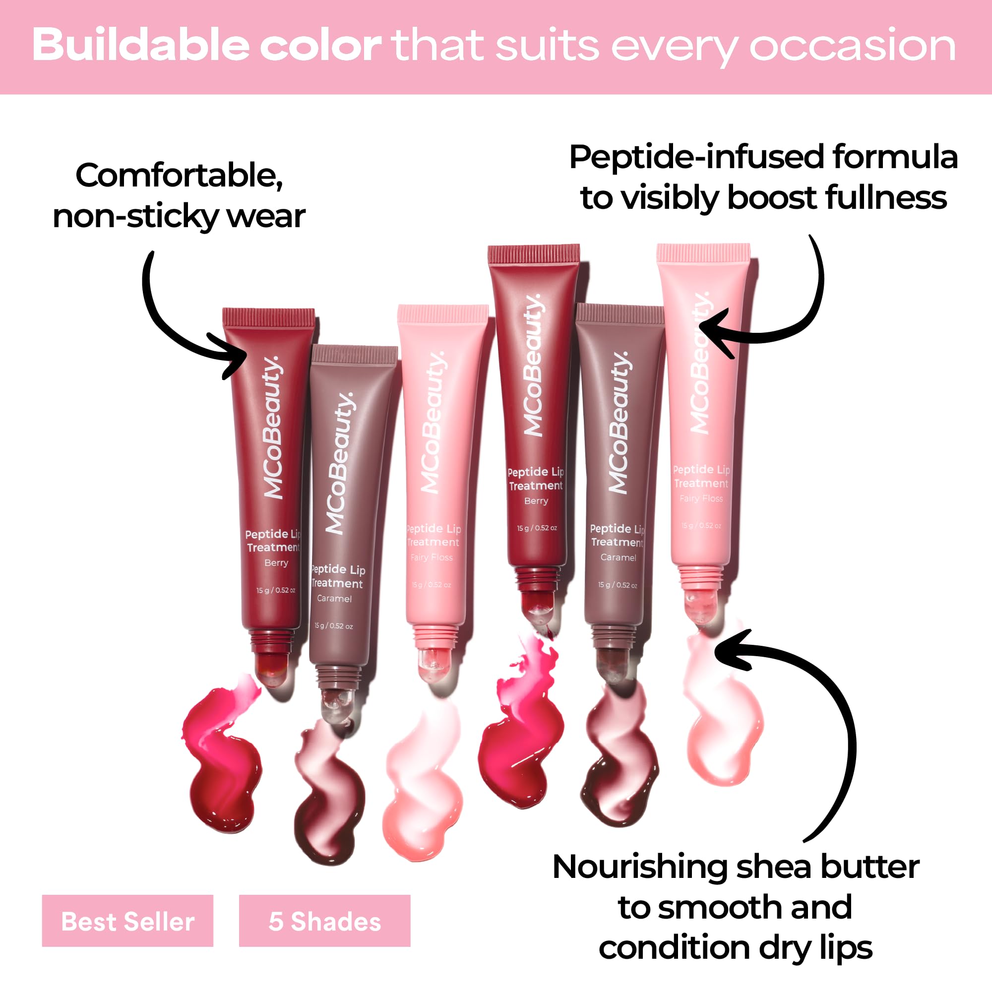 MCoBeauty Peptide Lip Treatment Vanilla Brulee lip swatch demonstrates natural shine and moisture.