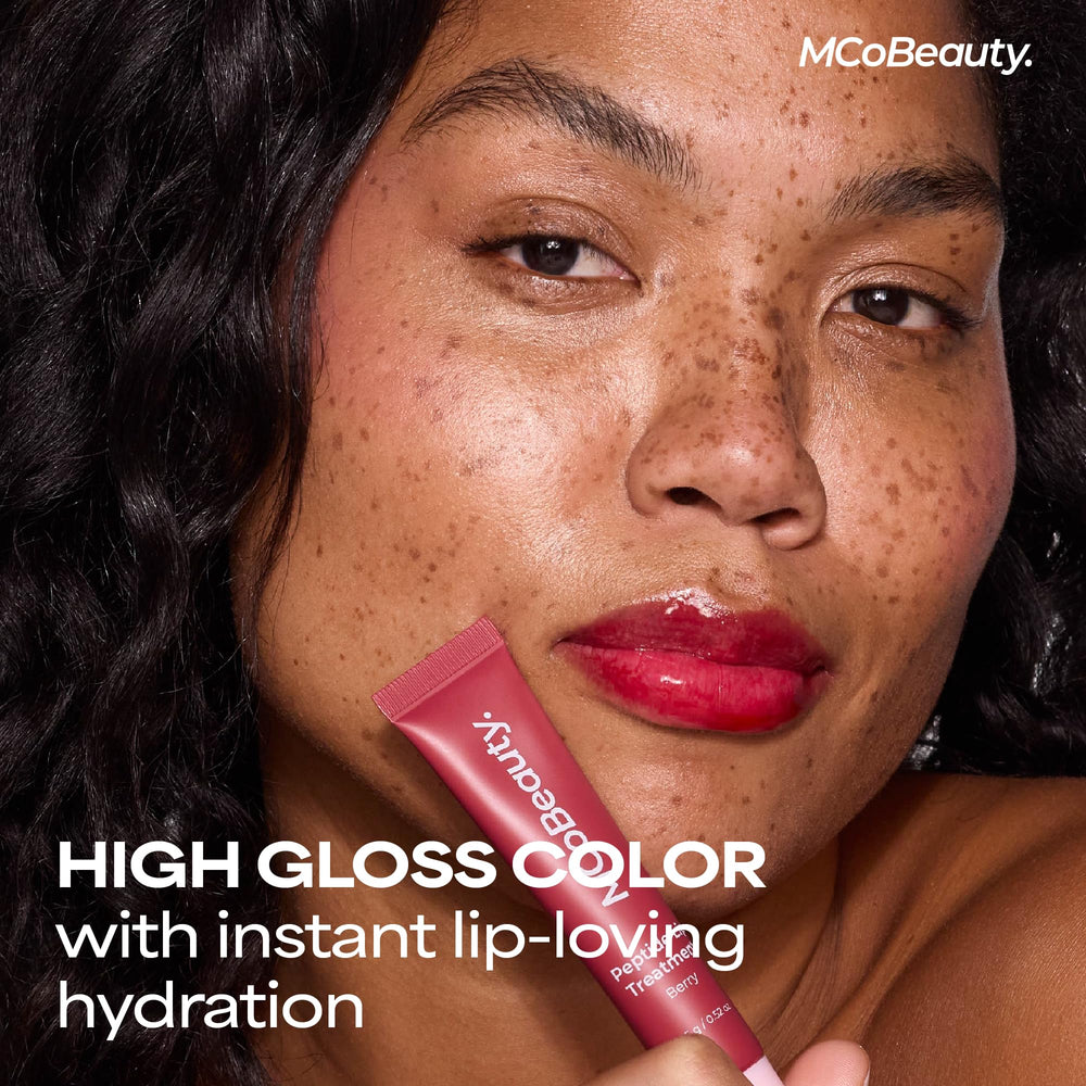 MCoBeauty Peptide Lip Treatment Vanilla Brulee texture close-up shows cushiony balm feel.