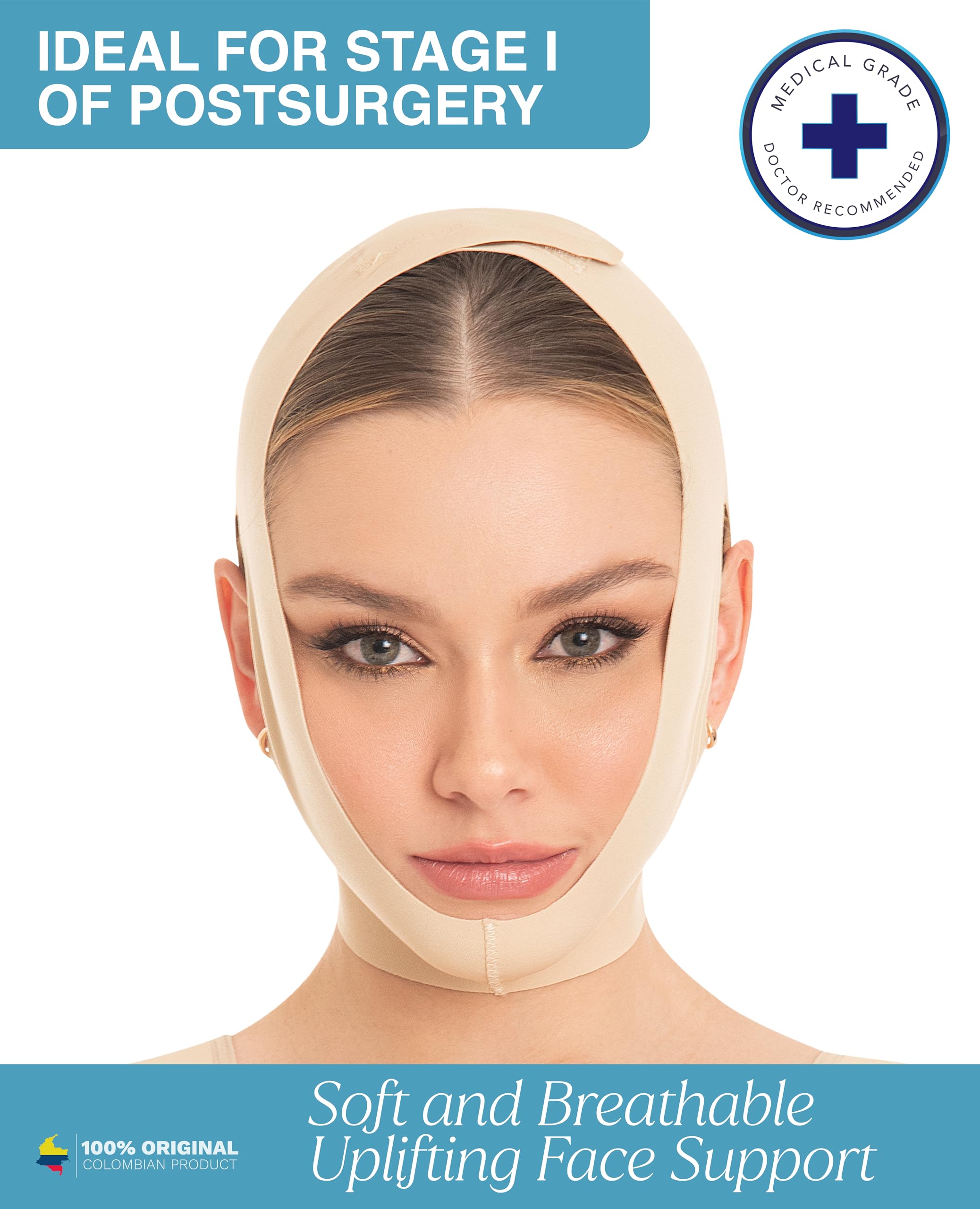 M&D Face Slimming Chin Strap with open-ear design for comfortable wear after facial procedures.