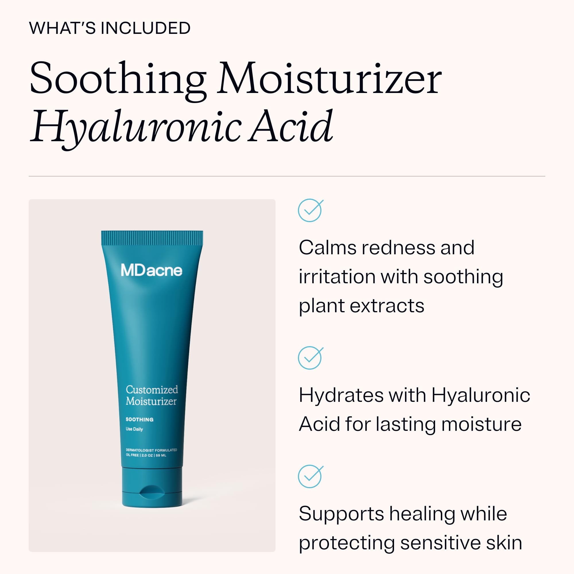 MDacne plant-based formulation label highlights vegan actives.