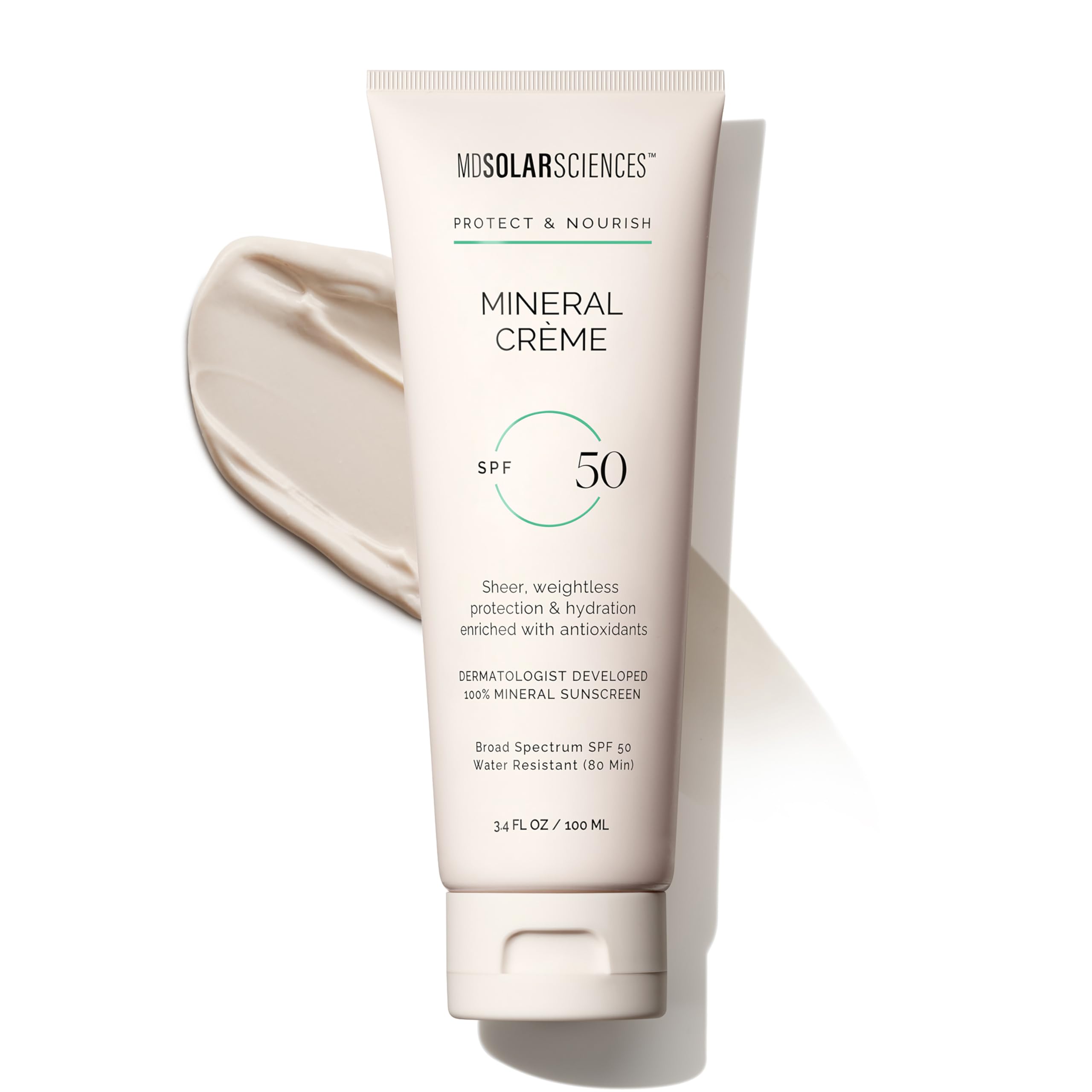 MDSolarSciences Mineral Creme Sunscreen SPF 50 bottle front showing lightweight protection for daily wear