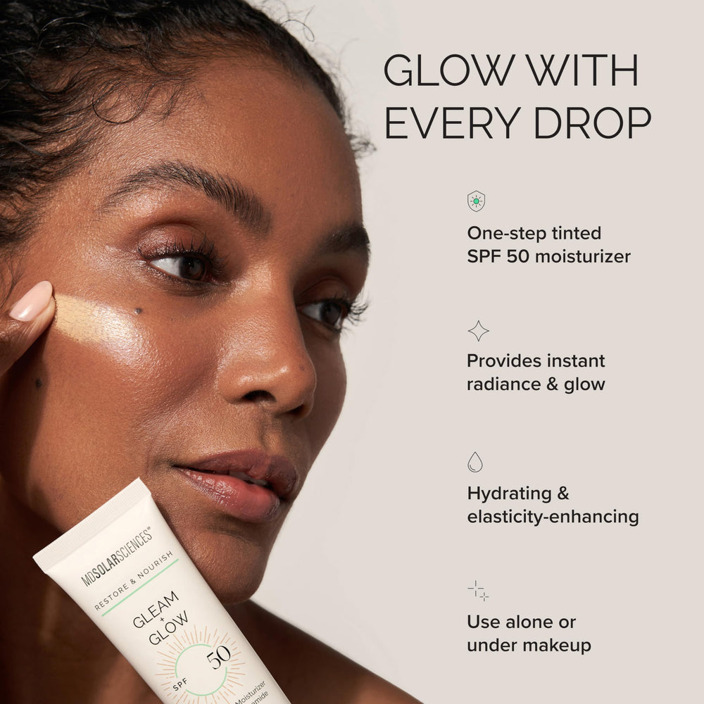 MDSolarSciences Gleam Glow SPF 50 applied on cheek for hydration