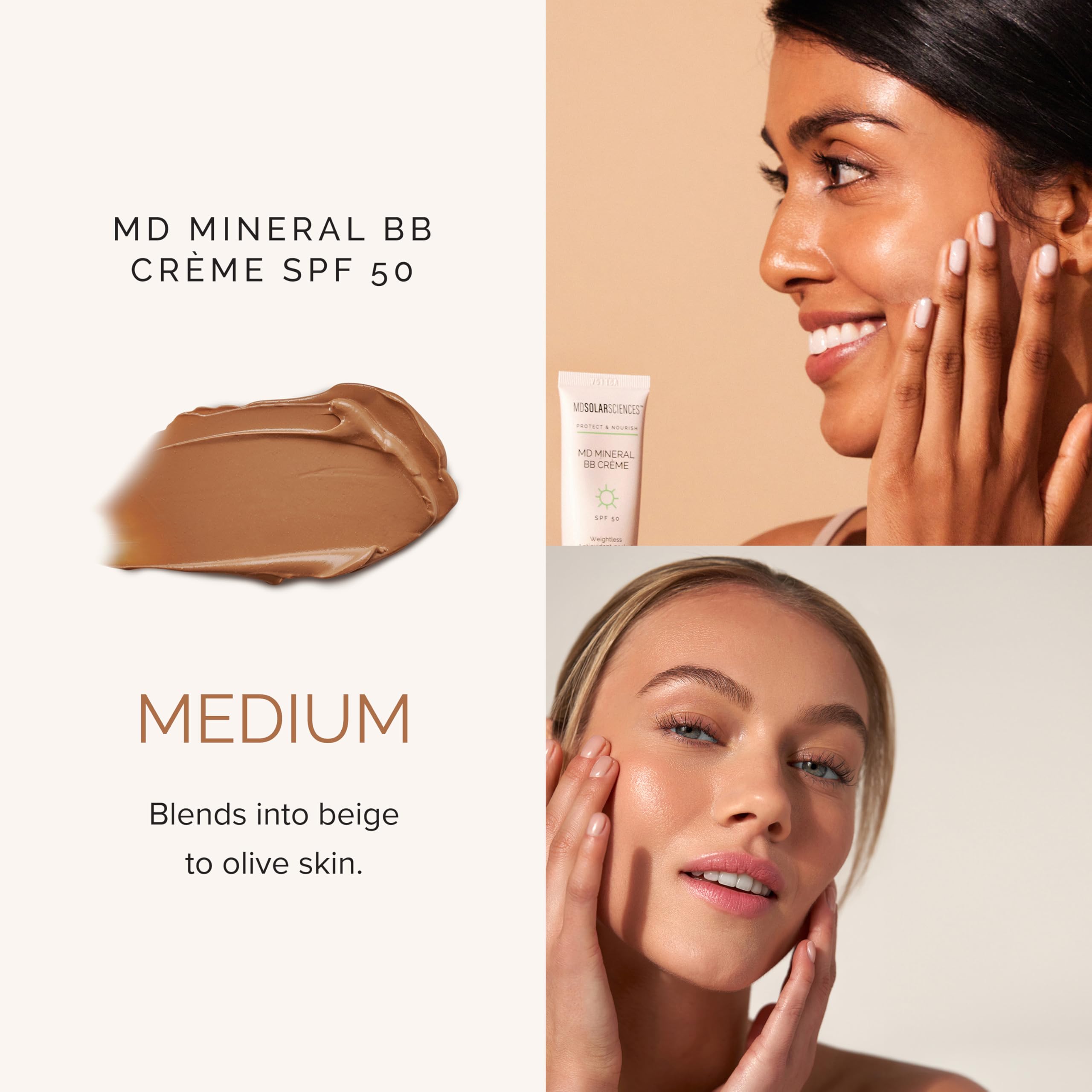 MDSolarSciences Mineral BB Creme SPF 50 logo on packaging signals clean dermatologist-inspired sunscreen