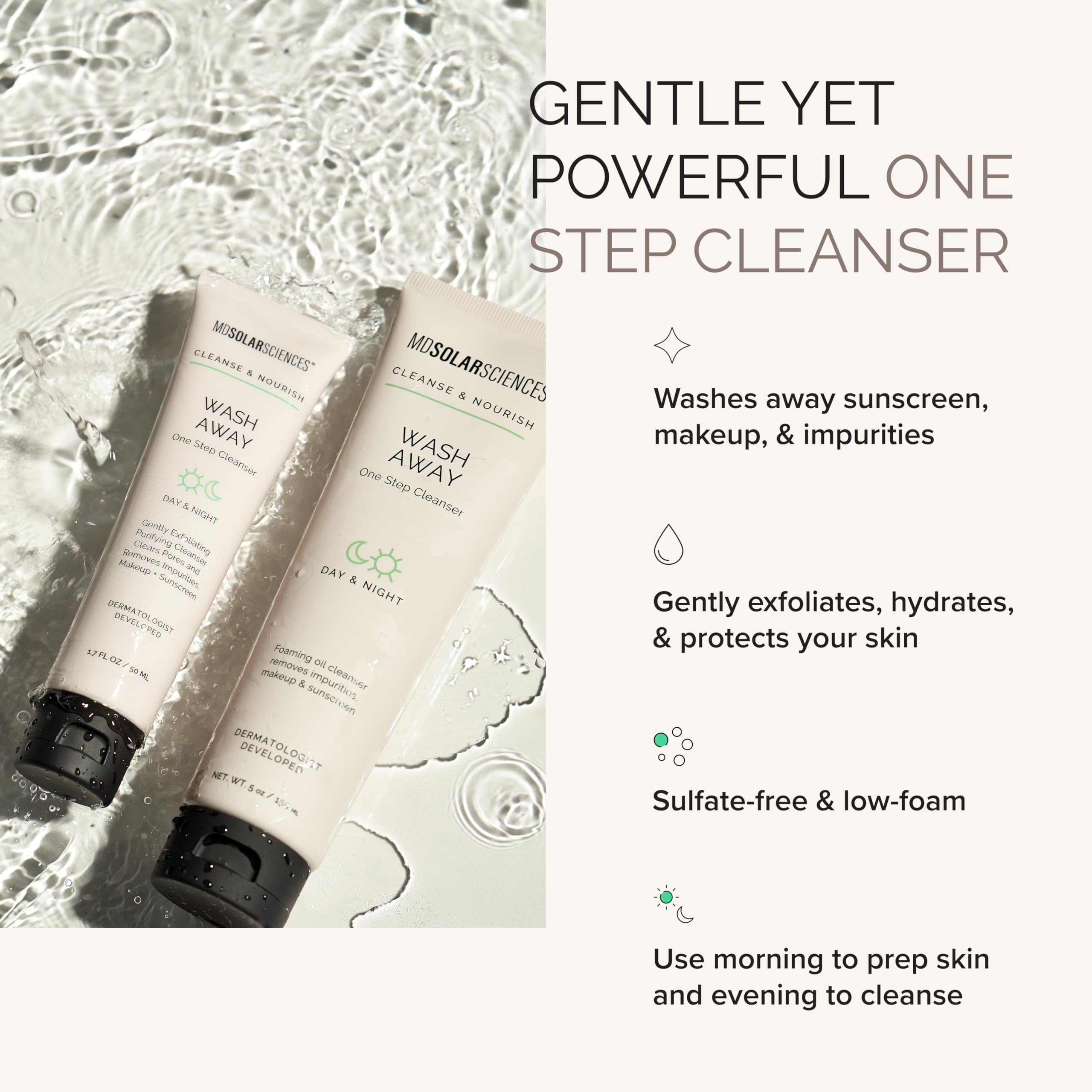 MDSolarSciences Wash Away Cleanser, etiqueta de diseño limpio que inspira rutina diaria suave.