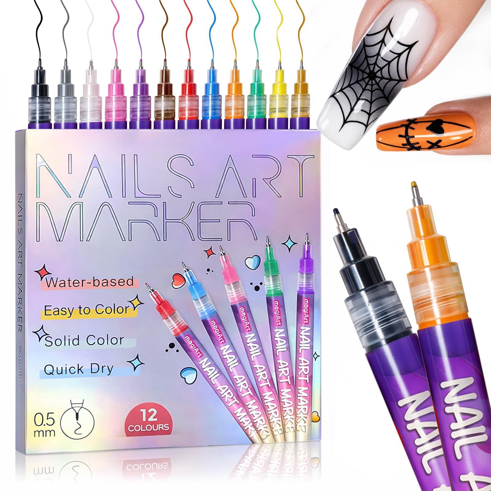 Mearens 12-color nail art pens with a 0.5mm tip for precise lines.