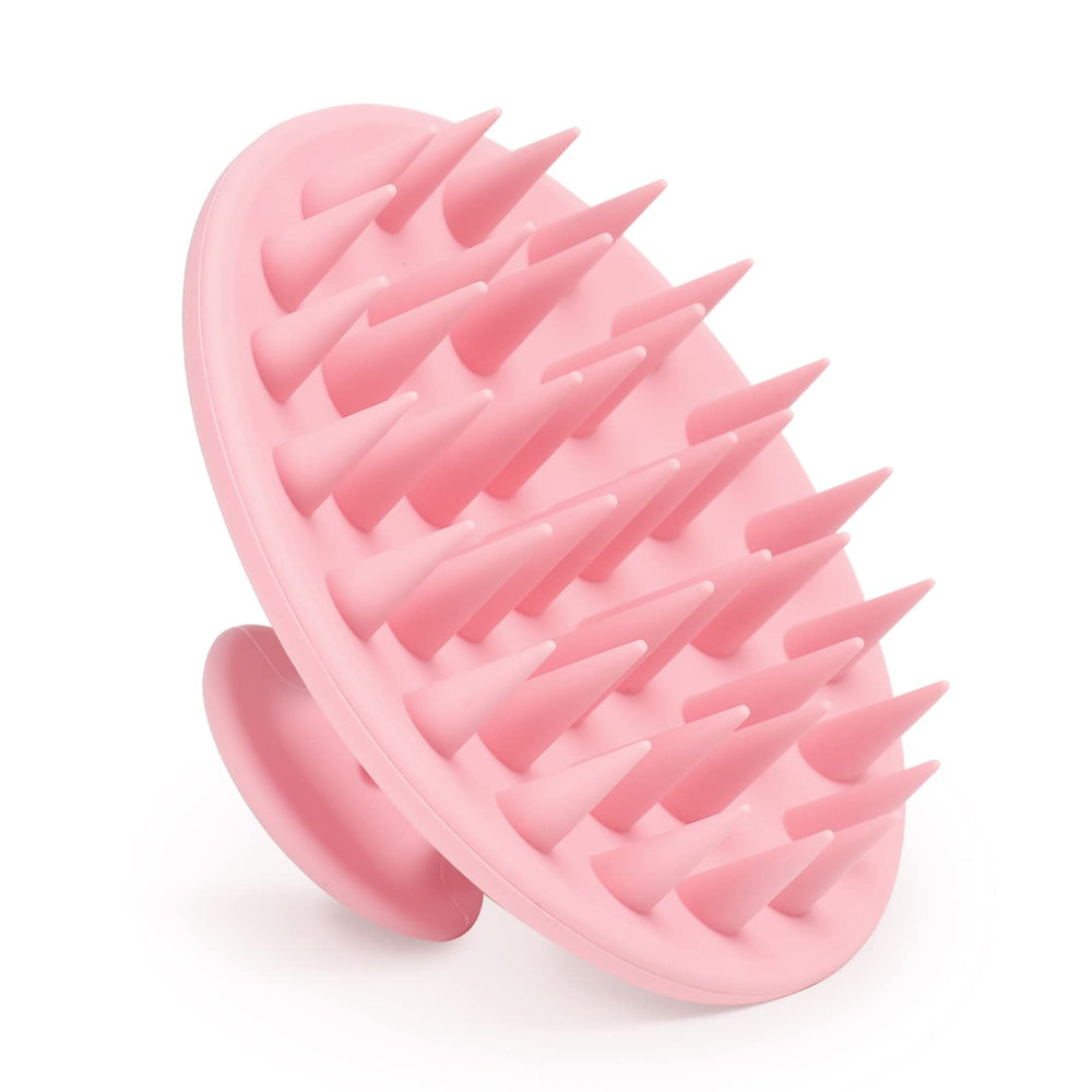 Meartchy silicone scalp massager pink close-up with soft bristles for soothing cleansing.