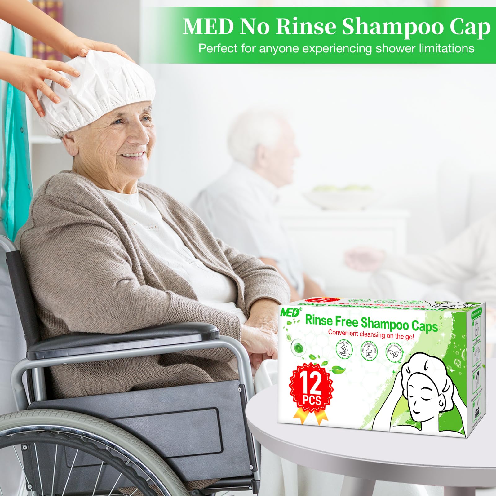 MED no rinse shower cap cleanses hair with no greasy residue.