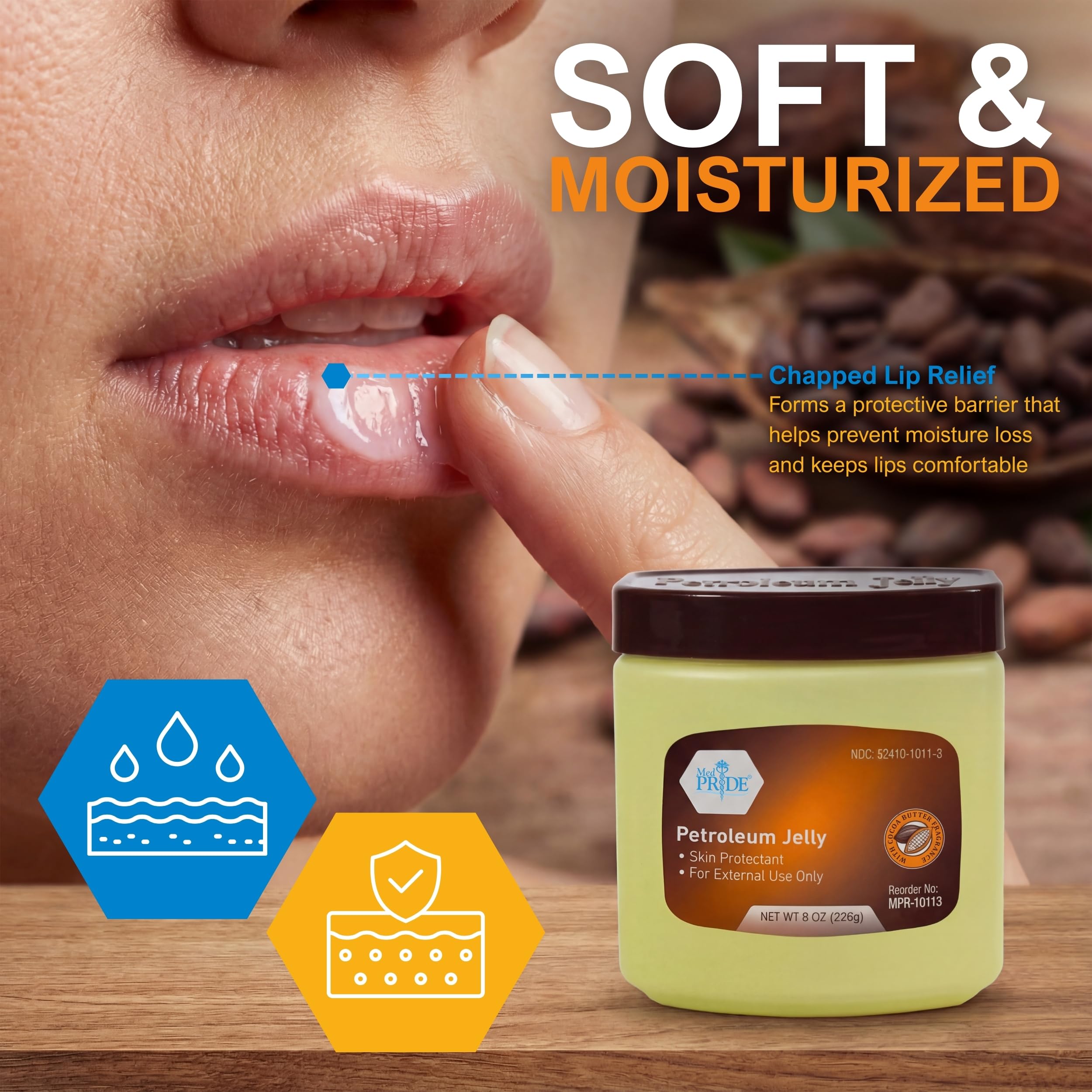 MED PRIDE Cocoa Butter Petroleum Jelly soothes chapped lips with cocoa scent.