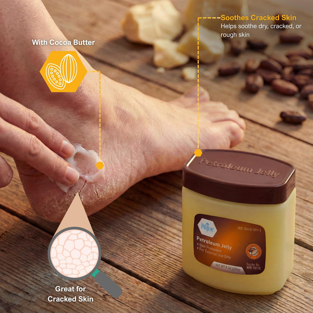 MED PRIDE Cocoa Butter Petroleum Jelly eases dry skin on hands and elbows.