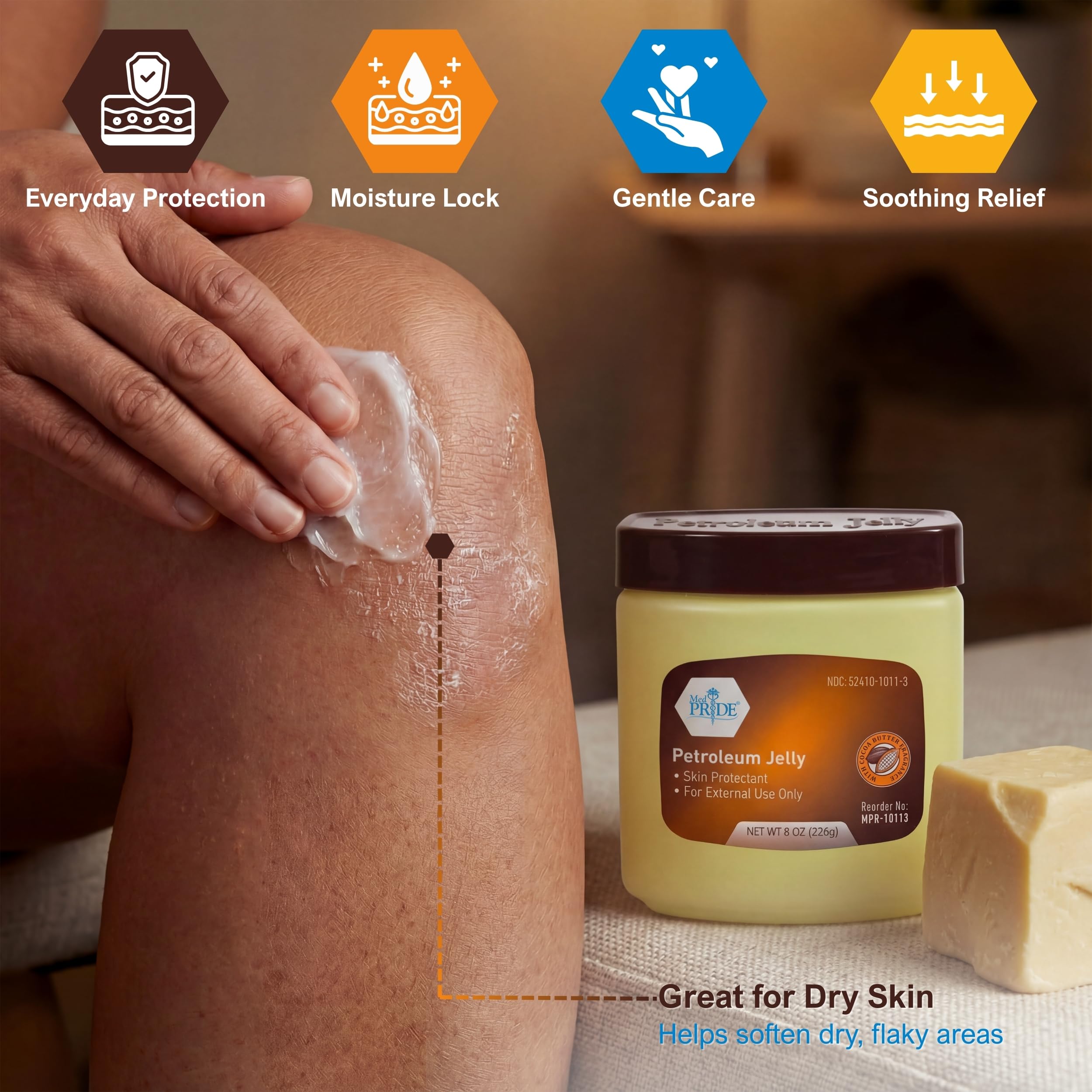 MED PRIDE Cocoa Butter Petroleum Jelly smooths rough heels and feet.