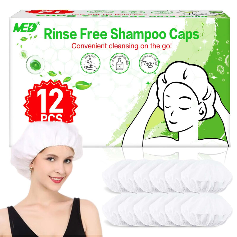 MED shampoo caps no rinse 12-pack for easy waterless cleansing.