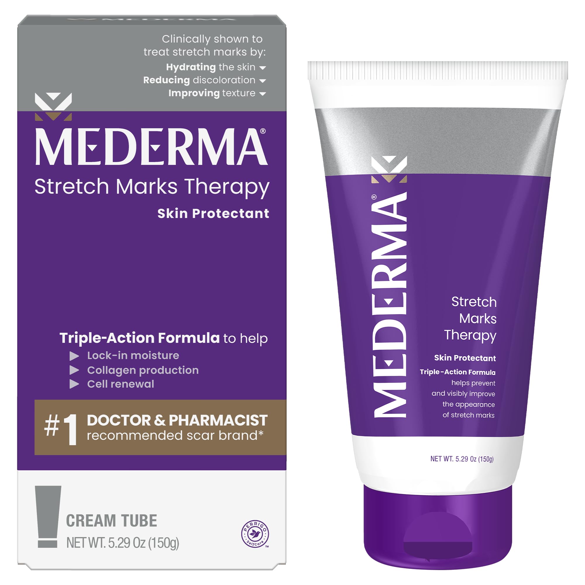 Mederma Stretch Marks Therapy bottle for daily use, delivering hydration and skin softness.