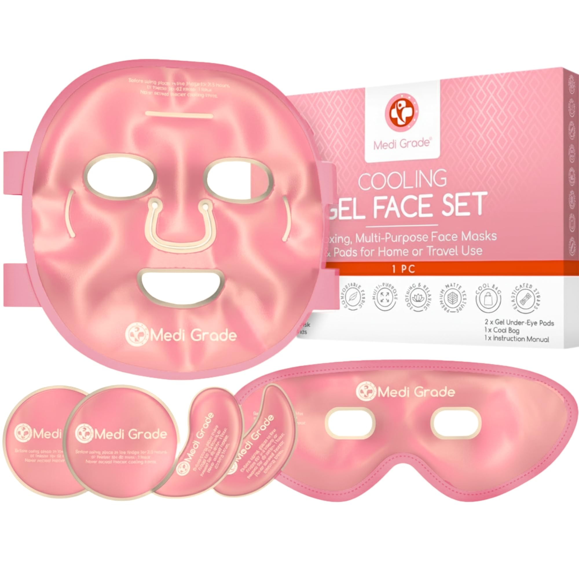 Medi Grade pink cooling eye mask providing refreshing relief for tired eyes