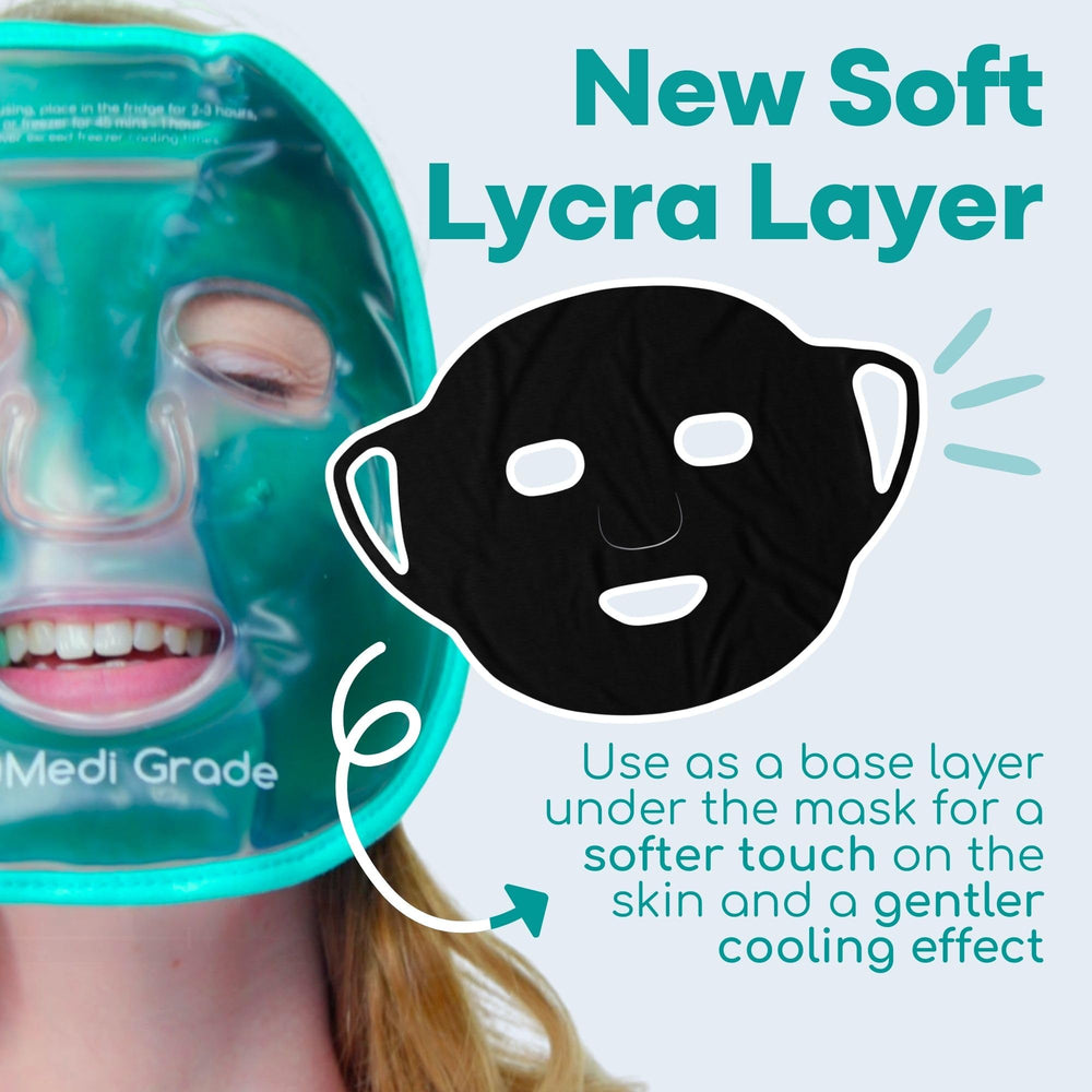 Medi Grade cooling gel mask front view with Lycra cover for eye coverage and comfort