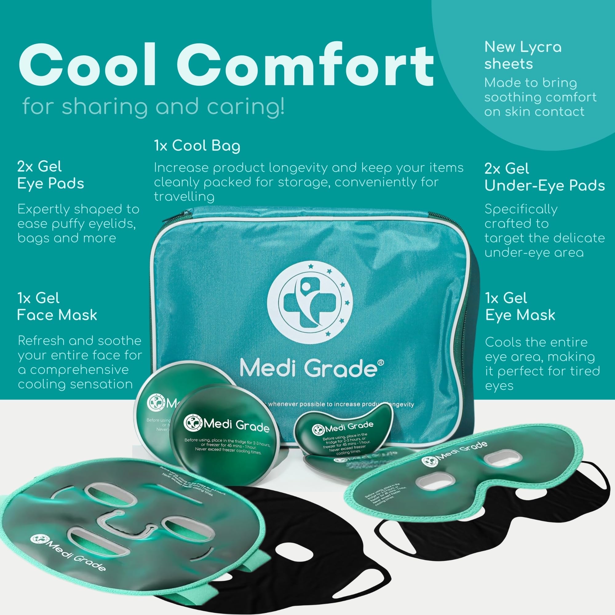 Medi Grade gel eye pads provide cool comfort to reduce under-eye puffiness.