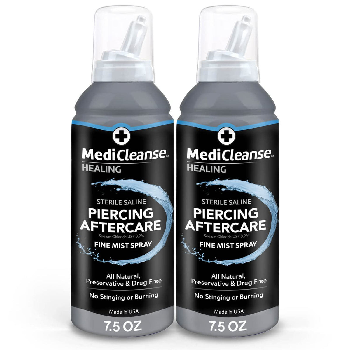MediCleanse sterile saline bottle front for easy piercing aftercare.