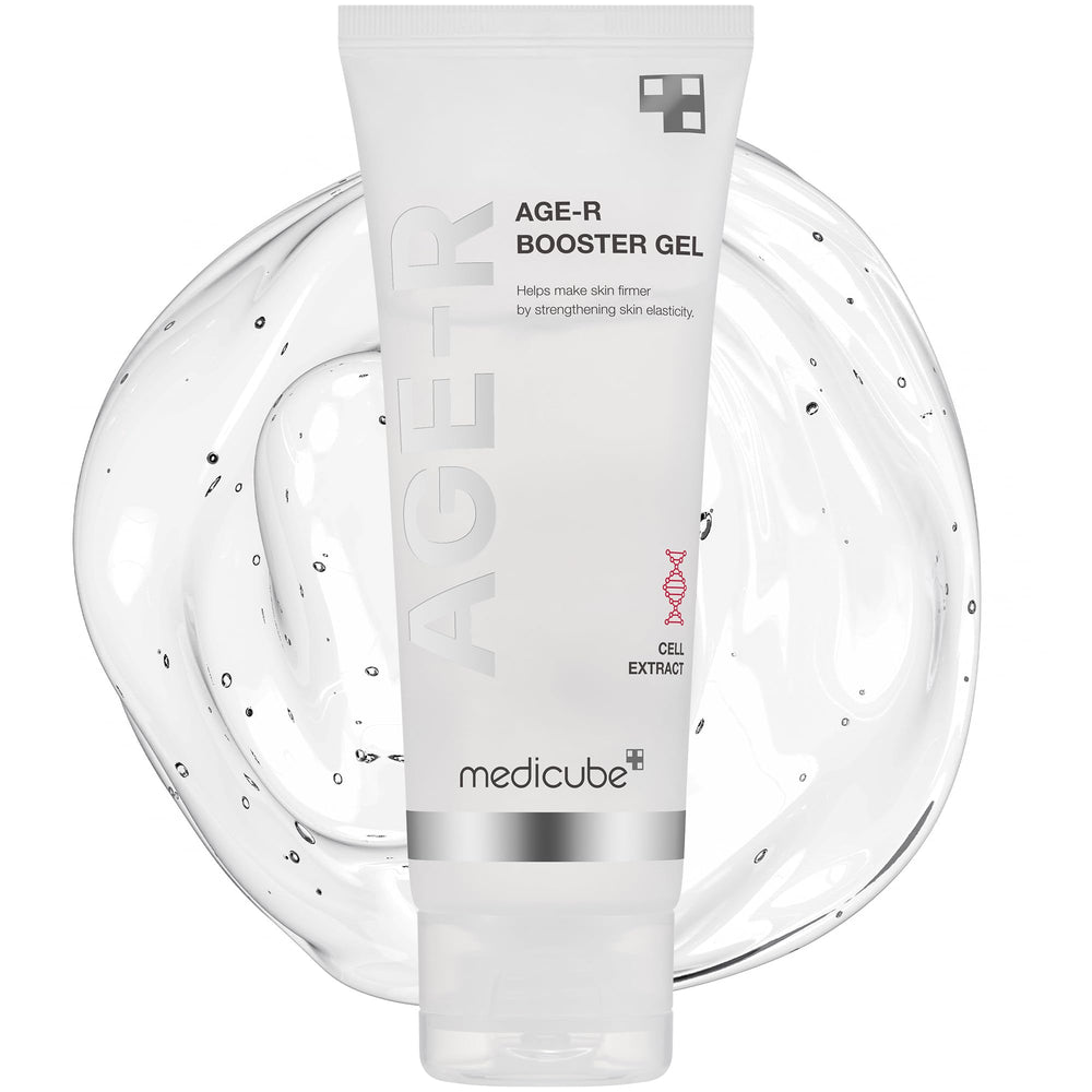 Medicube Age-R Booster Serum envase transparente, hidratación suave para la piel.