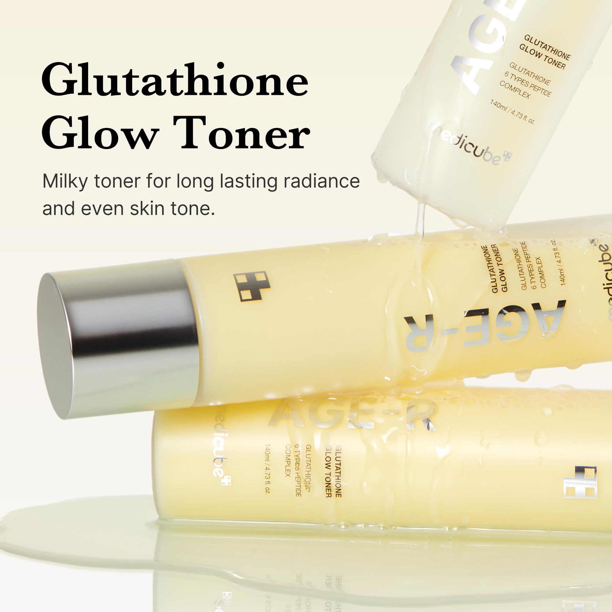 Medicube Age-R Glutathione Glow Toner, aplicación doble capa para brillo uniforme.