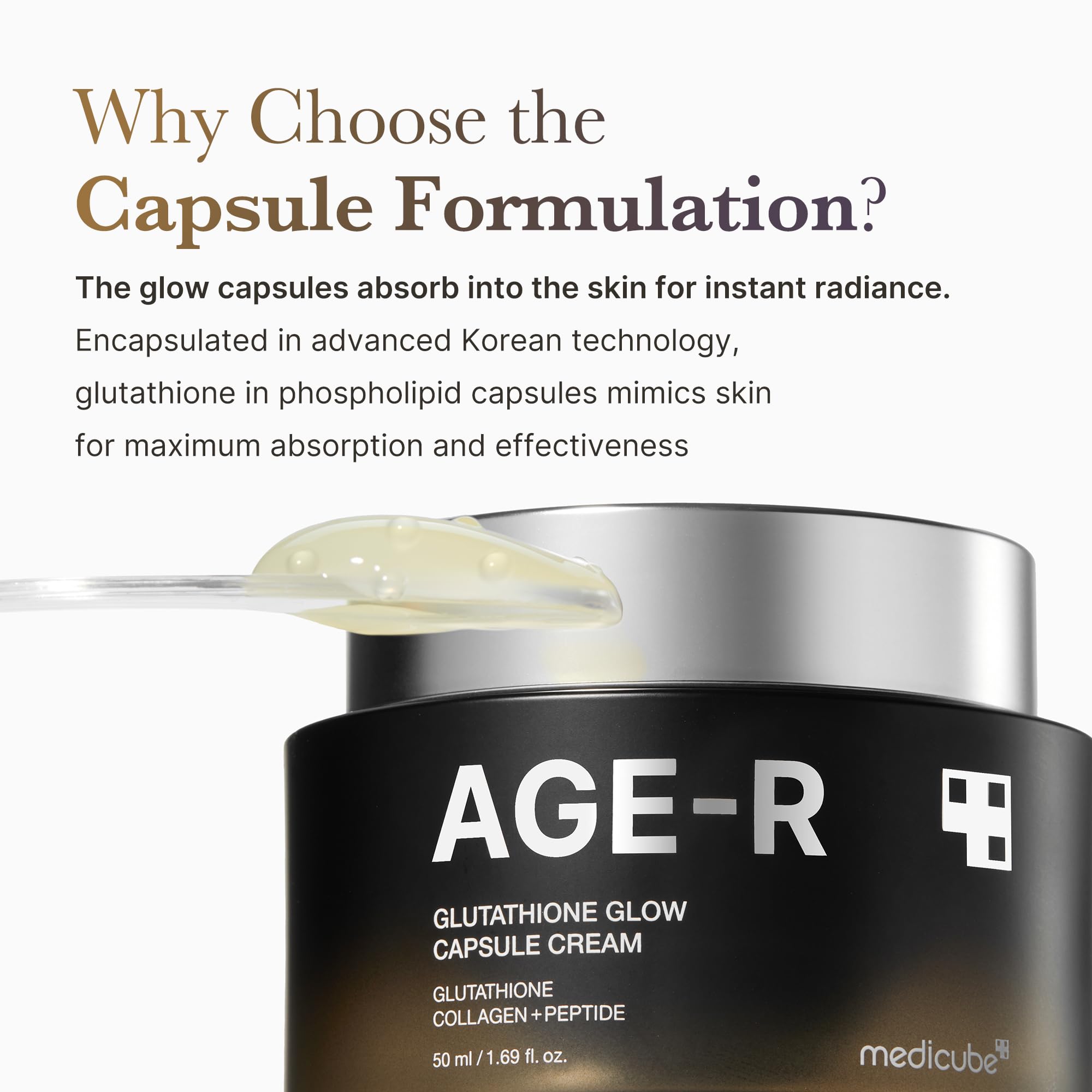 Medicube AGE-R Glow capsule beads reveal micro-encapsulation for smooth skin.