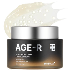 Medicube AGE-R Glutathione Glow Cream jar showcases glass-like radiance and hydration.