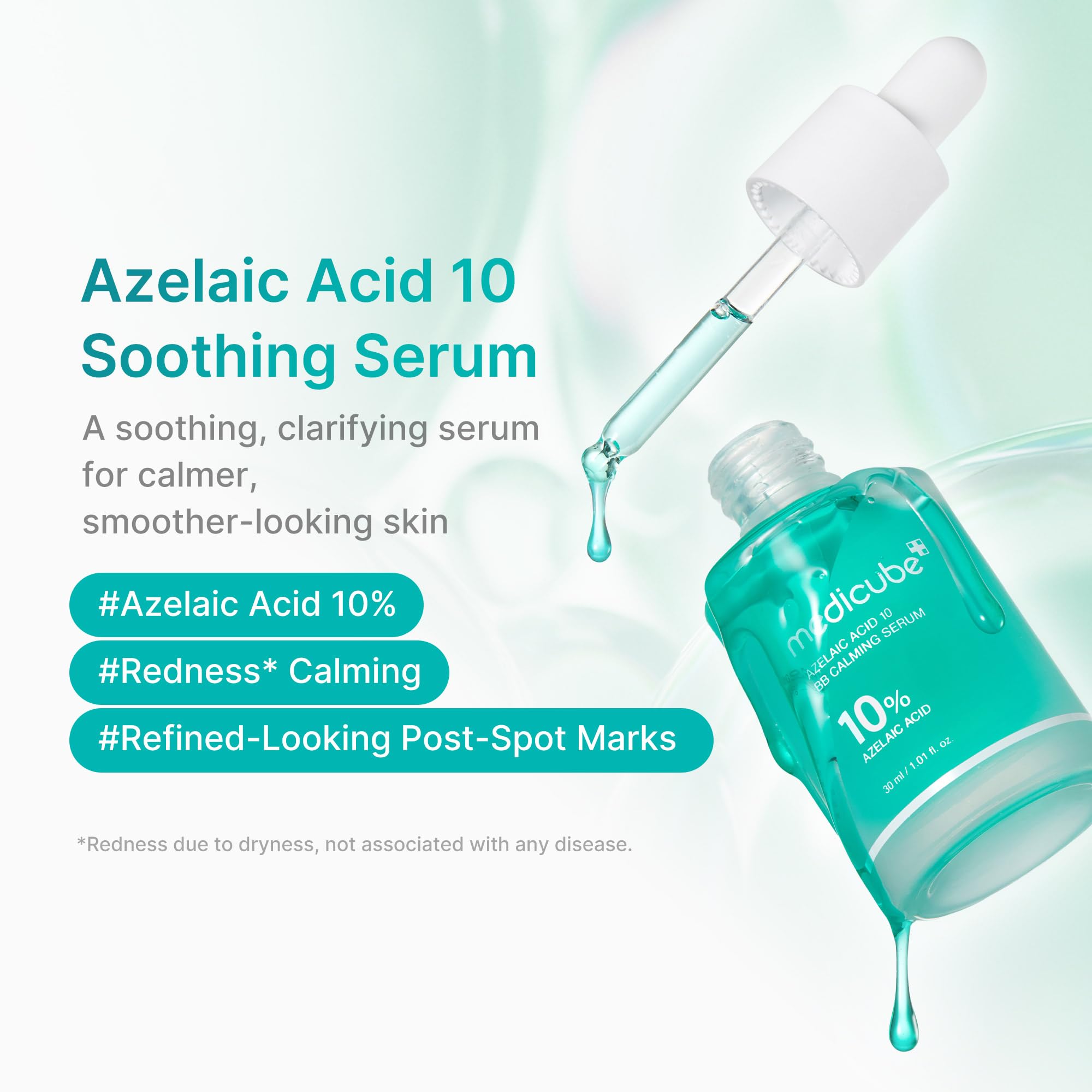 Medicube Azelaic Acid 10% Serum texture close-up shows a smooth, non-sticky finish