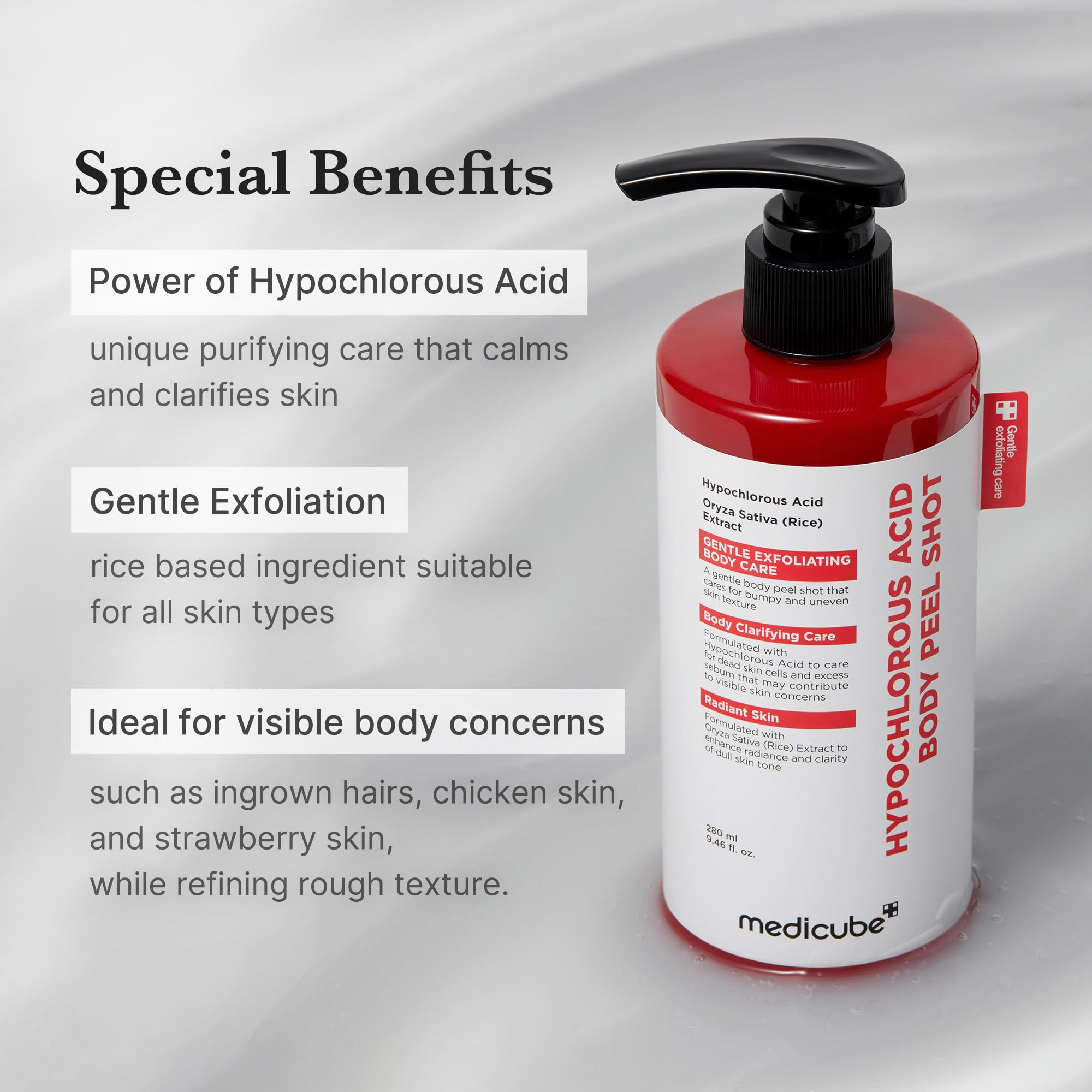 Medicube Body Peel Shot hypochlorous acid action calms pores